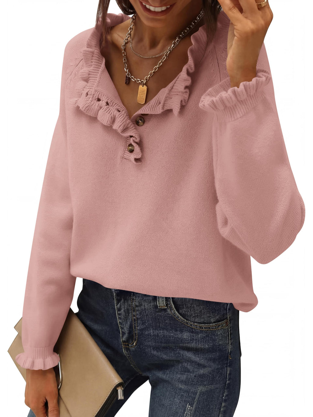 BTFBM Womens Sweaters Fall Winter Clothes Long Sleeve Button Down Ruffle Crew Neck Casual Knitted Pullover Tops