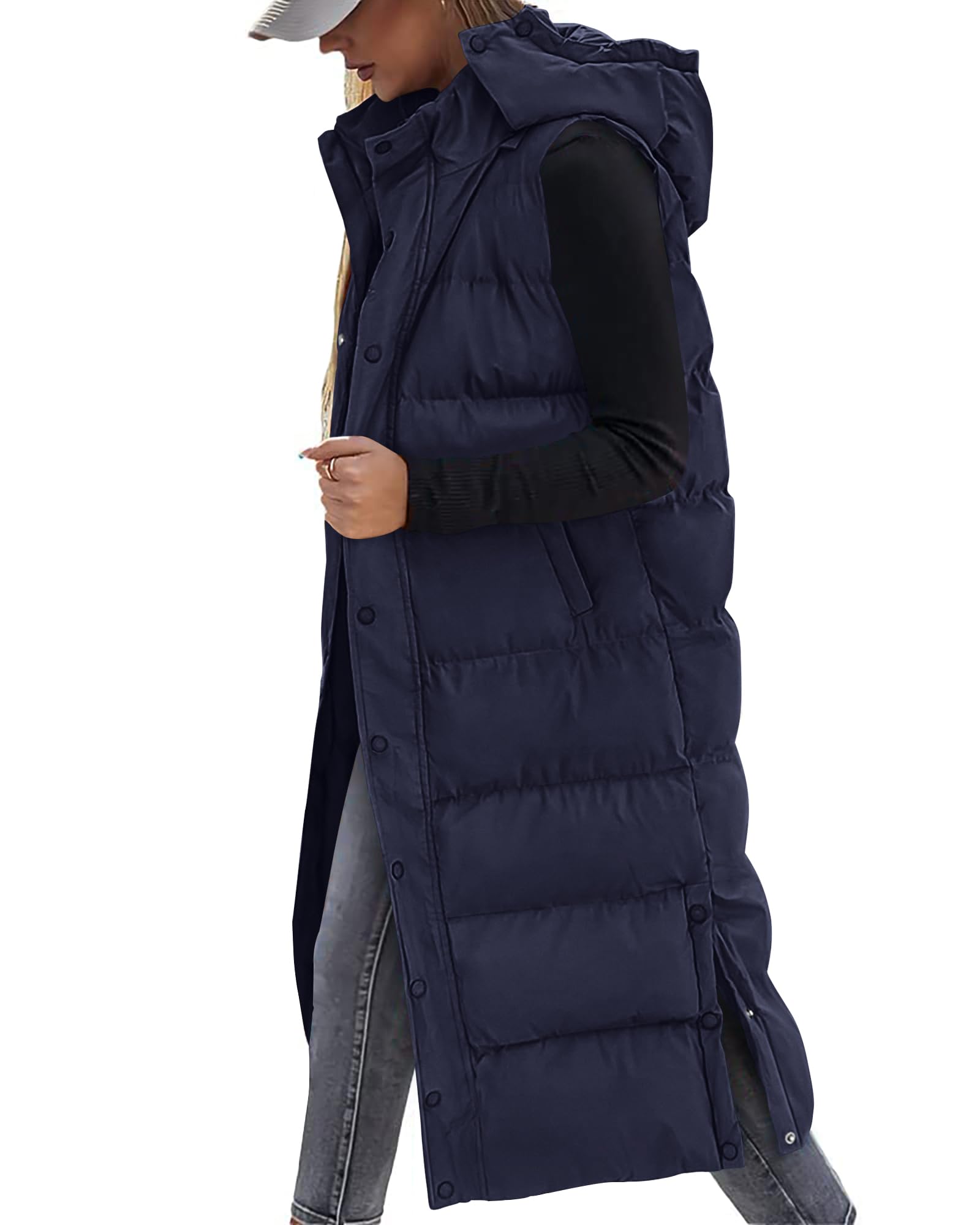 FreshPretty Long Puffer Vest Women Quilted Hooded Button Down Zip Up Sleeveless Vests Outerwear Padded Jacket Fall Winter Coat