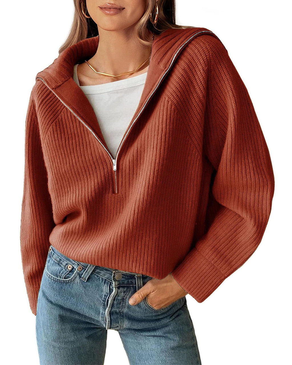 FreshPretty Womens Sweaters Quarter Zip Pullover V Neck Collar Long Sleeve Ribbed Knit Loose Casual Winter Fall Sweater