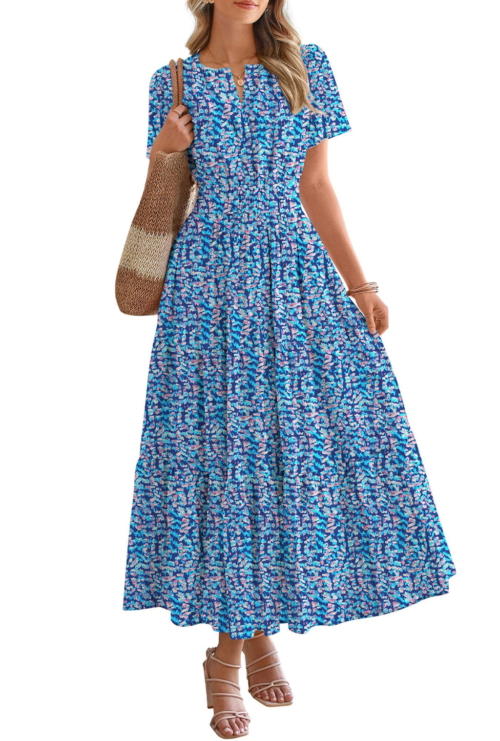 BTFBM Womens Summer Floral Maxi Dresses V Neck Short Sleeve Boho Casual Flowy Long Wedding Guest Dress Beach Vacation