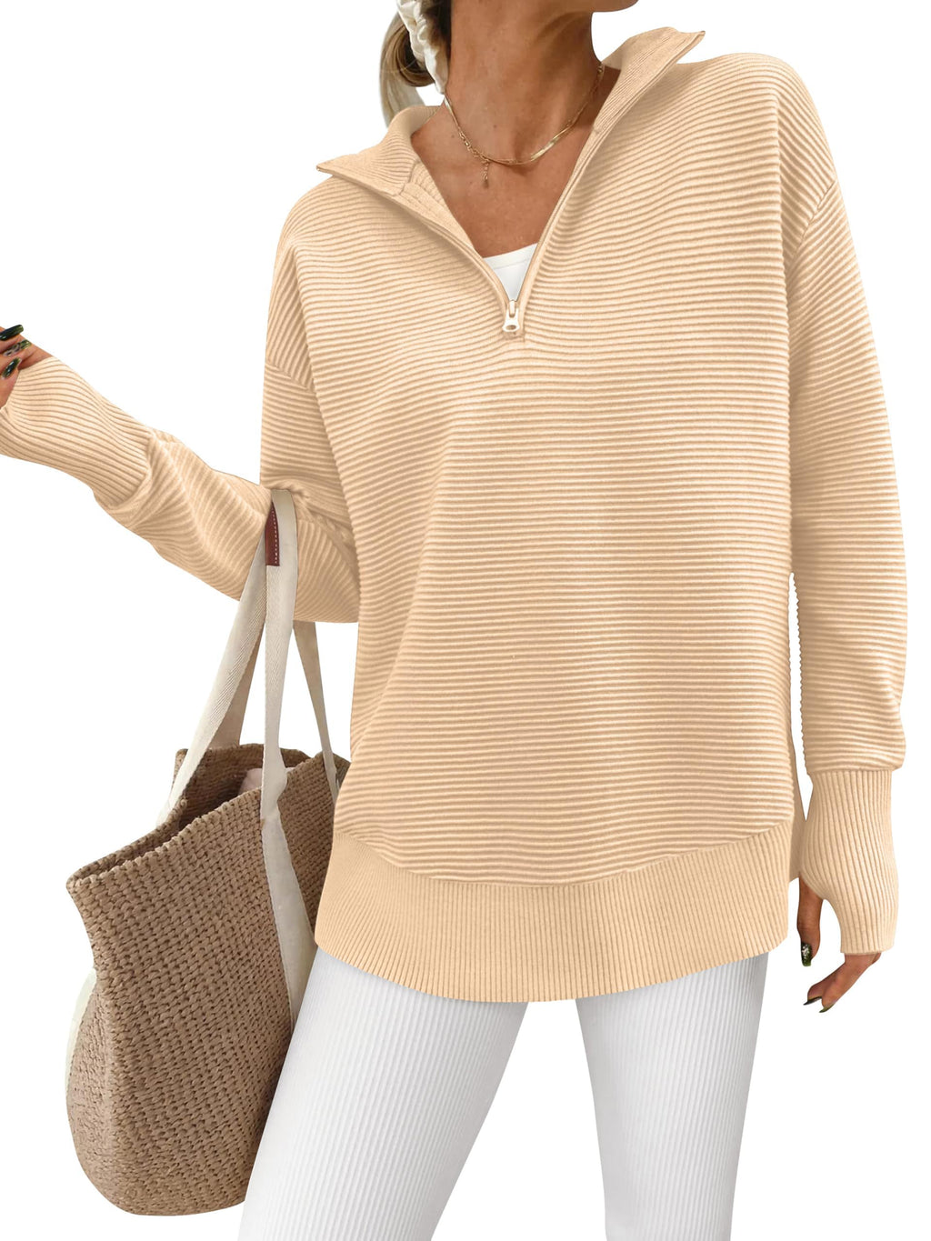 PRETTYGARDEN Womens Long Sleeve Quarter Zip Pullover Sweater Casual Loose V Neck Collared Ribbed Knit Jumper Tops Thumb Hole