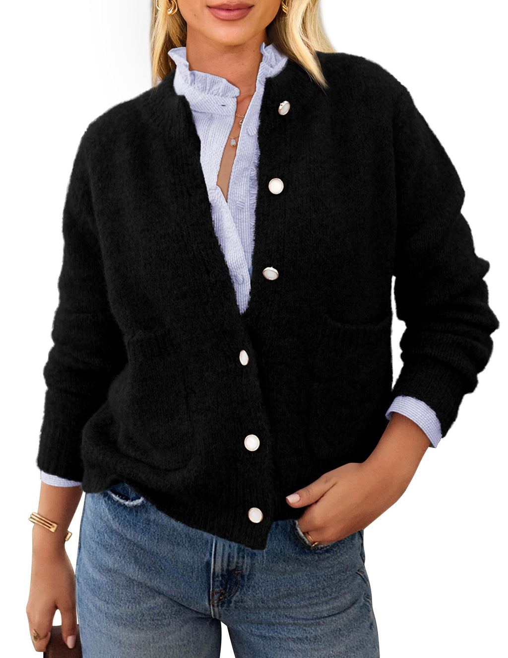 PRETTYGARDEN Women's Knit Cardigan Sweaters Casual Long Sleeve Open Front Button Up Ribbed Fall Spring Sweater Jackets