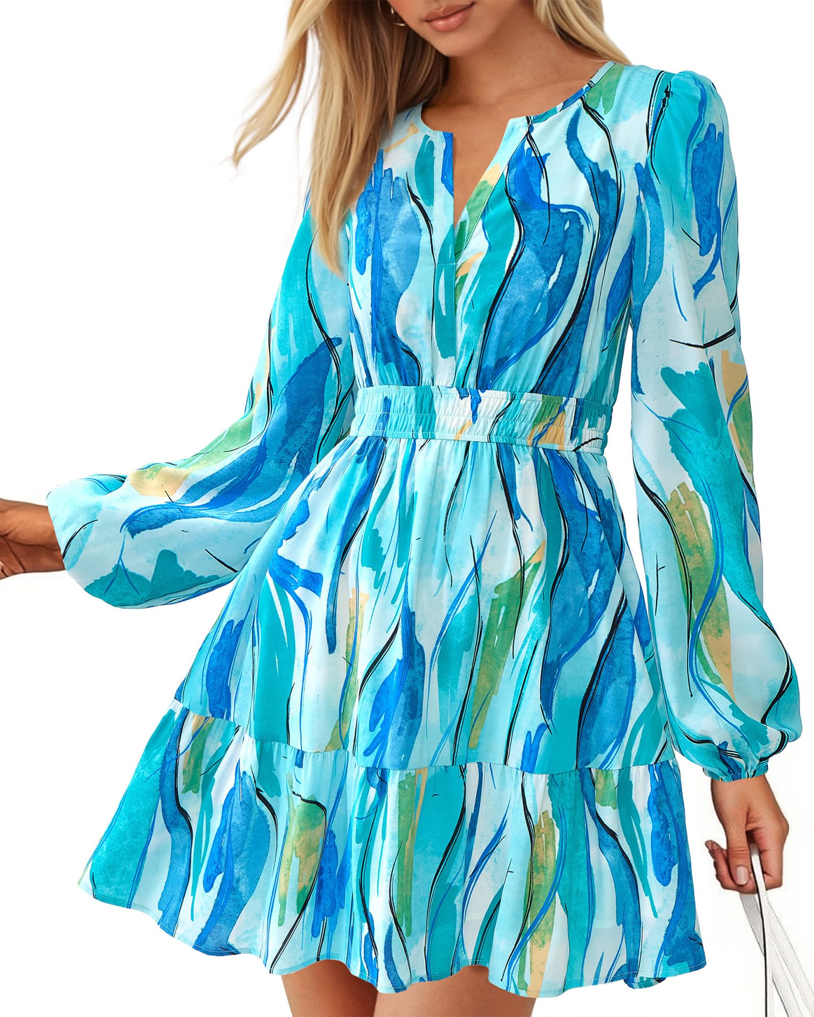 BTFBM Spring Dresses for Women Mini Long Sleeve Elastic Waist Summer Vacation Outfits Floral Wedding Guest Dress