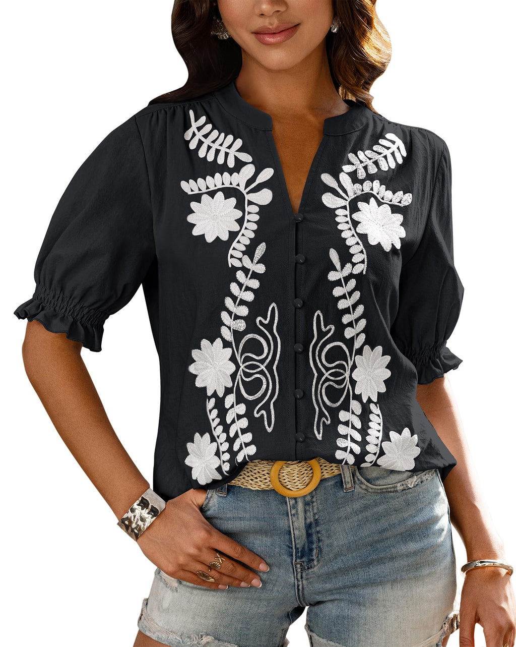 BTFBM Women's Spring Tops Casual Floral Boho V Neck Puff Short Sleeve Button Down Shirts Embroidered Blouses Tunic
