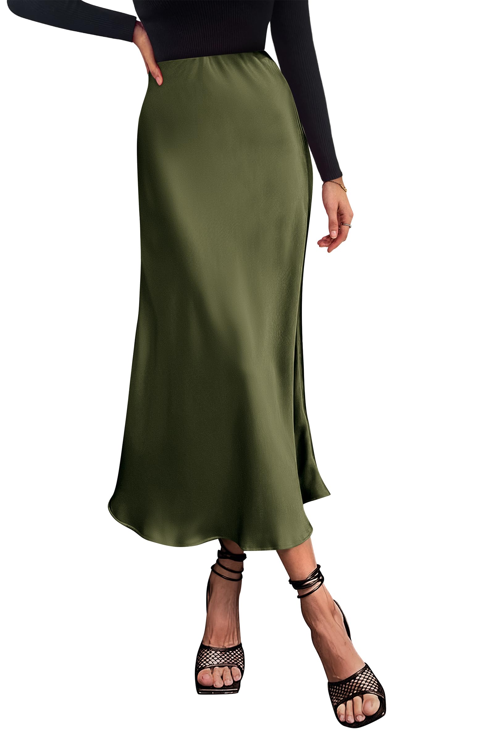 PRETTYGARDEN Women's Satin Skirts Dressy Casual Fall High Waisted Cocktail Wedding Flowy Elegant A Line Midi Skirt