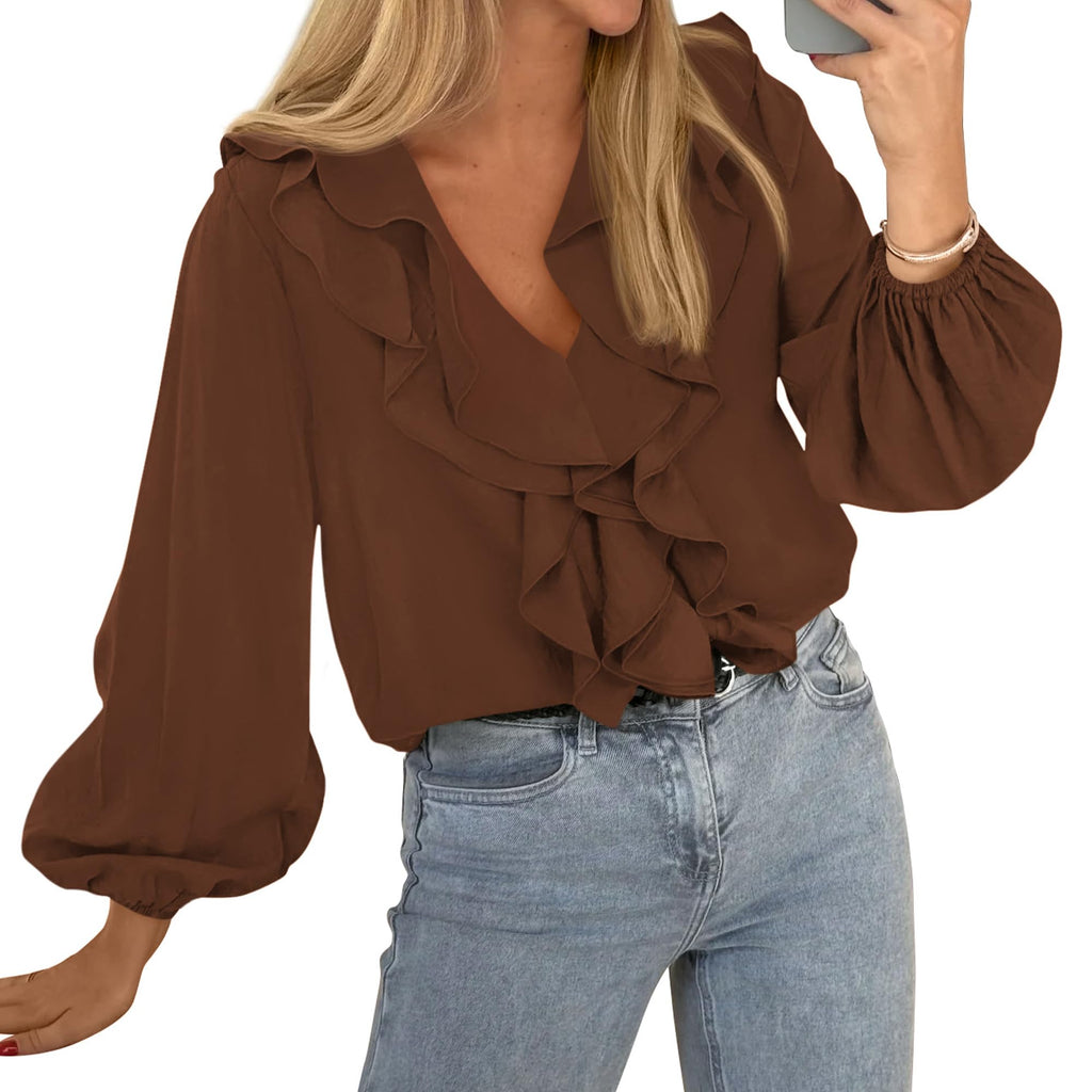 BTFBM Womens Fall Tops Ruffle Blouses Dressy Casual | Double Ruffled Collar V Neck Long Sleeve Shirts, Lightweight Fashion Clothing Trendy, Daily Business Office Work Clothes