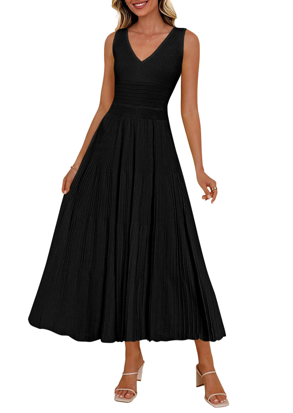 PRETTYGARDEN Women's Summer Casual Dresses Spring Sleeveless V Neck Knit Midi Business Work A Line Cocktail Dress