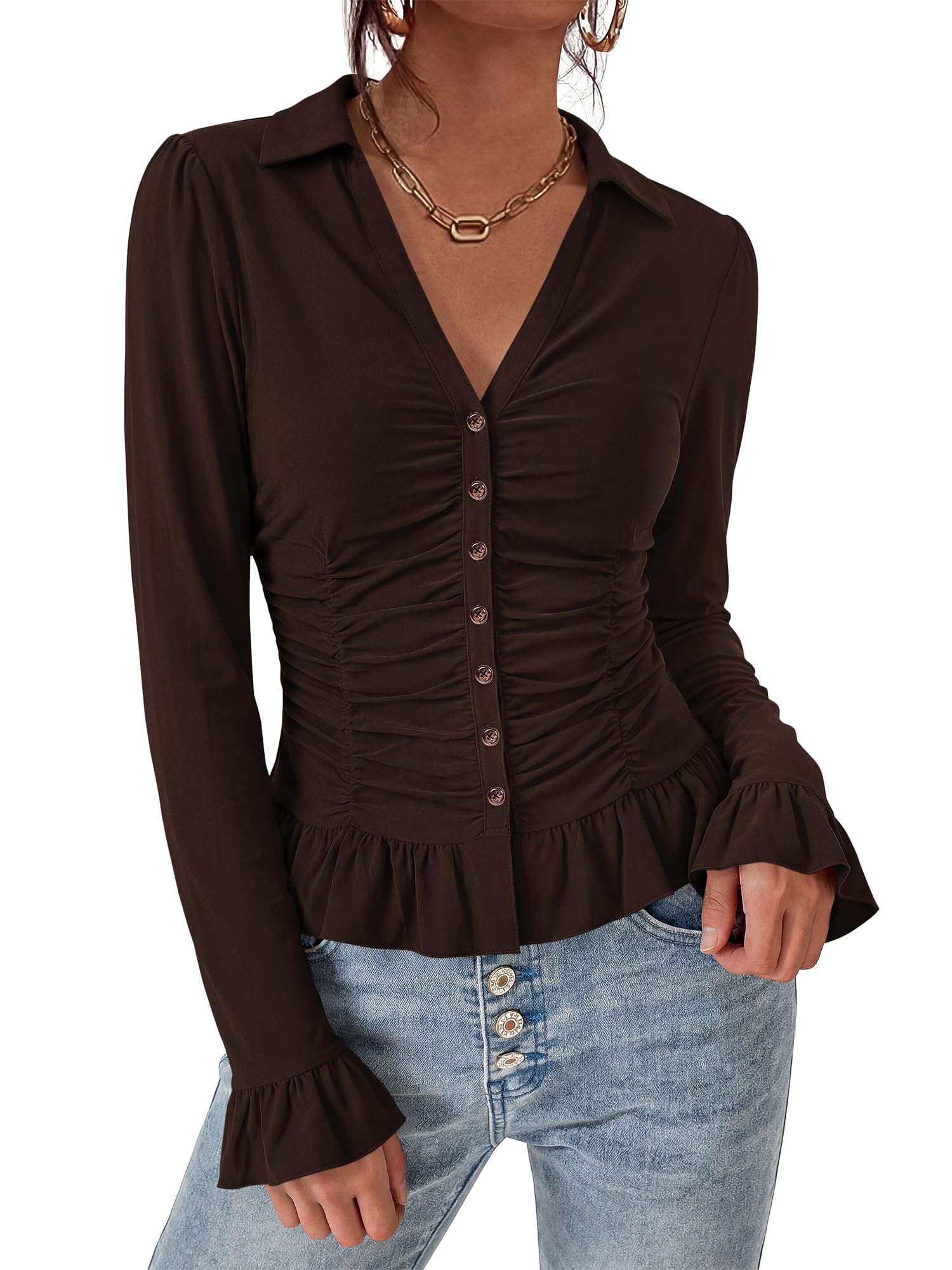 BTFBM Fitted Button Down Shirts for Women Dressy Casual Tops Collar V Neck Long Sleeve Ruched Tops, Stretchy Ruffle Blouses, Fall Fashion Clothing, Work Date Night Going Out Outfits