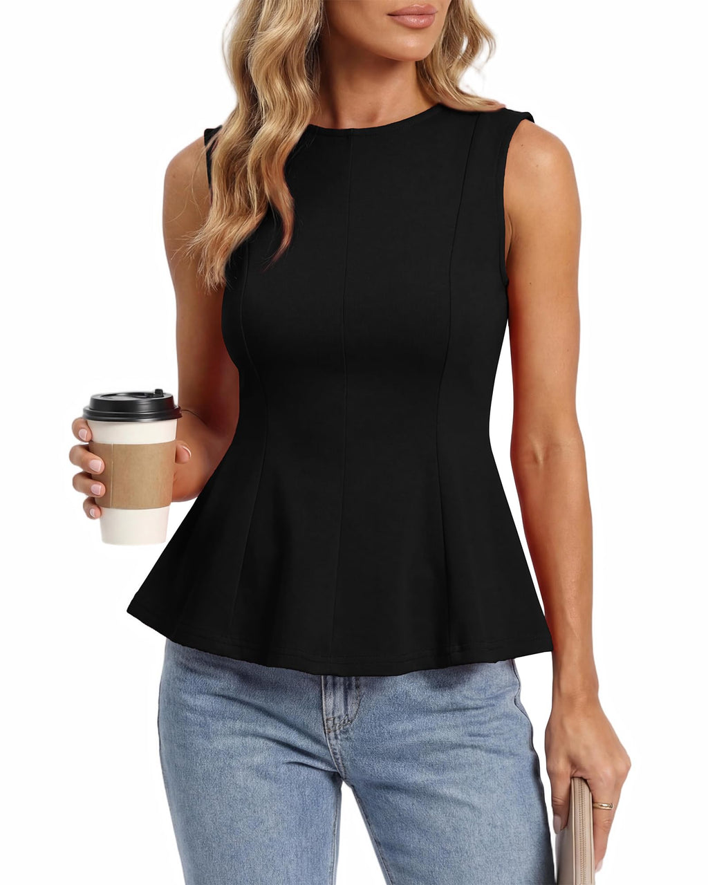 BTFBM Womens Summer Tops Business Casual Outfits Crew Neck Sleeveless Shirts Slim Fit Peplum Tank Top