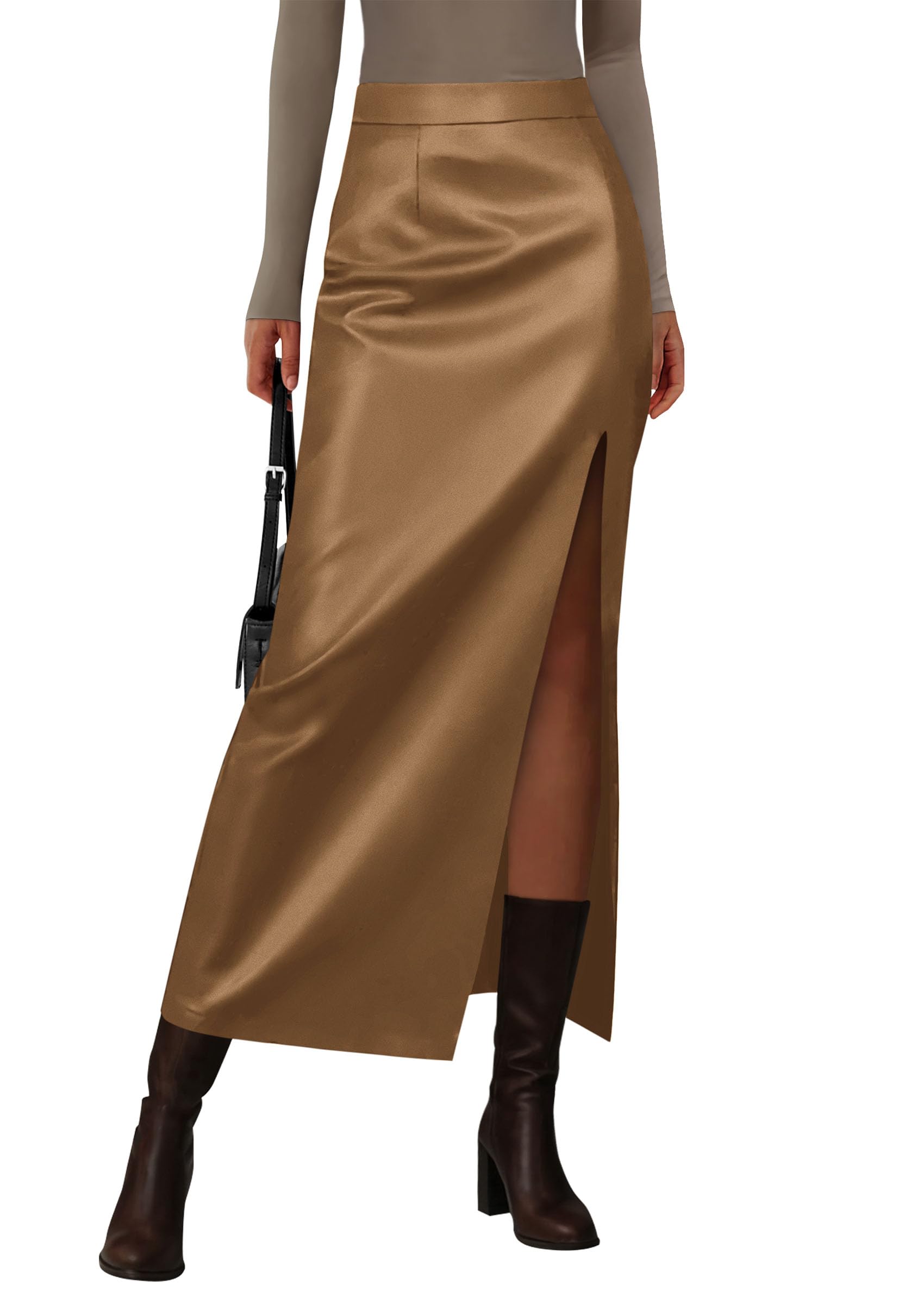 PRETTYGARDEN Womens Faux Leather Skirts Fall Fashion Bodycon High Waisted Slit Work Office Winter Maxi Long Pencil Skirt