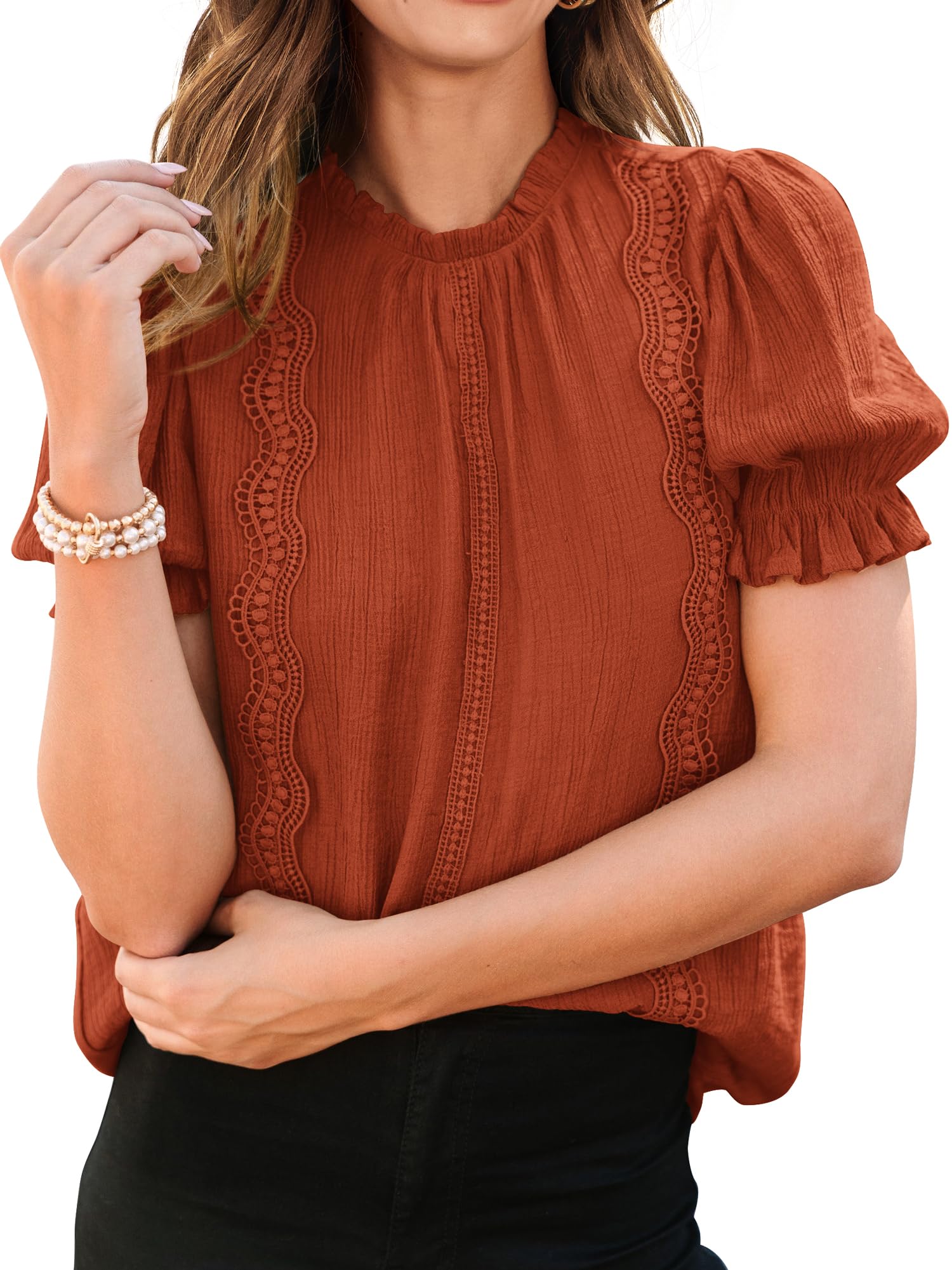 PRETTYGARDEN Womens Summer Tops Trendy Mock Neck Puff Sleeve Blouse Dressy Casual Business Western Shirts Spring Clothes