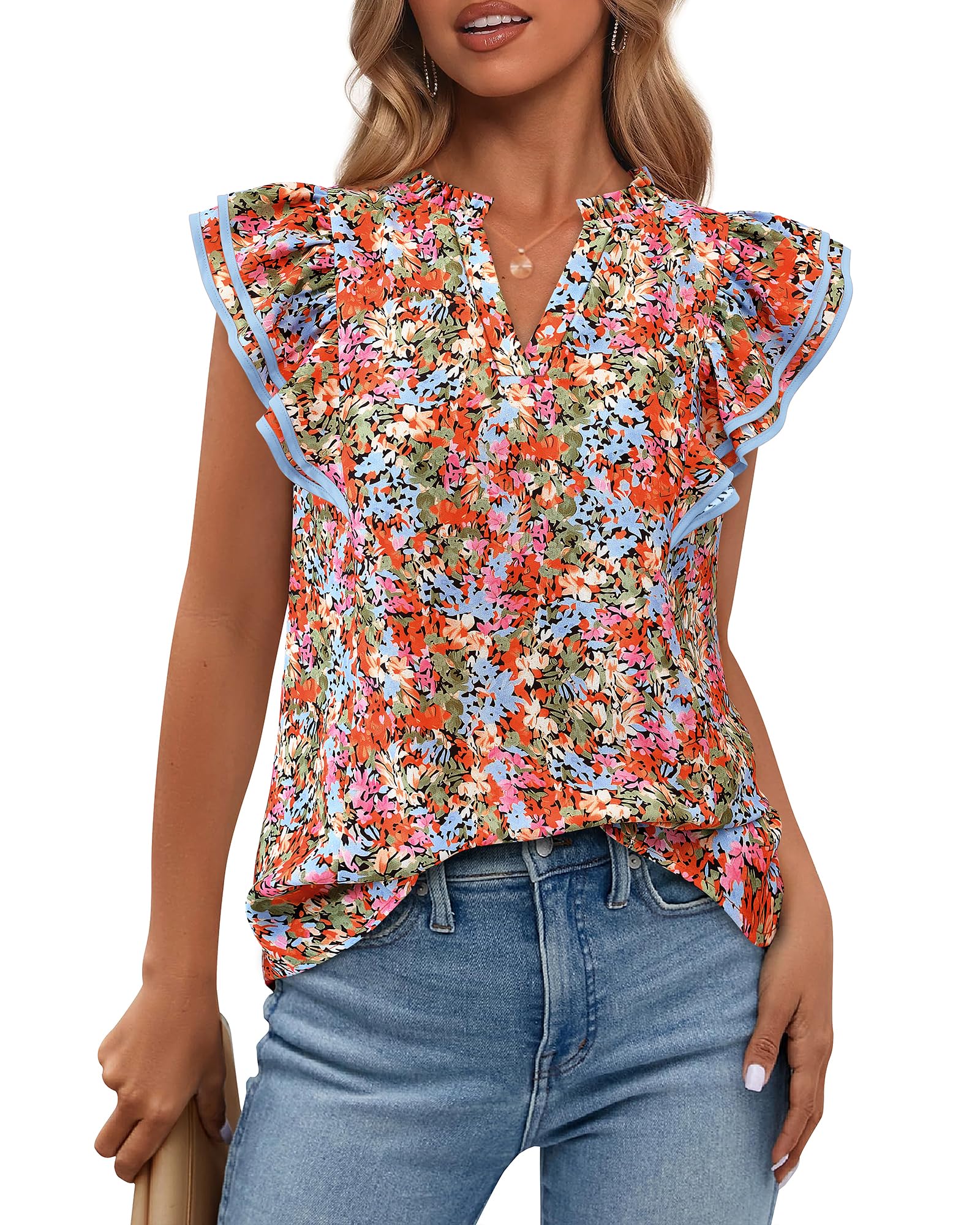 FreshPretty Womens Tops Dressy Casual Spring Summer Shirts Boho Floral V Neck Ruffle Cap Sleeve Business Work Blouses