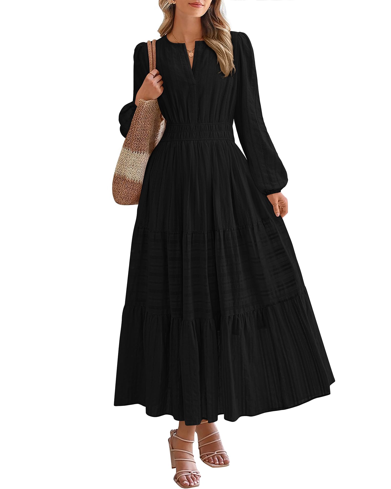 FreshPretty Fall Dresses for Women Casual Long Sleeve V Neck Elastic Waist Lightweight Maxi Wedding Guest Dress Pockets
