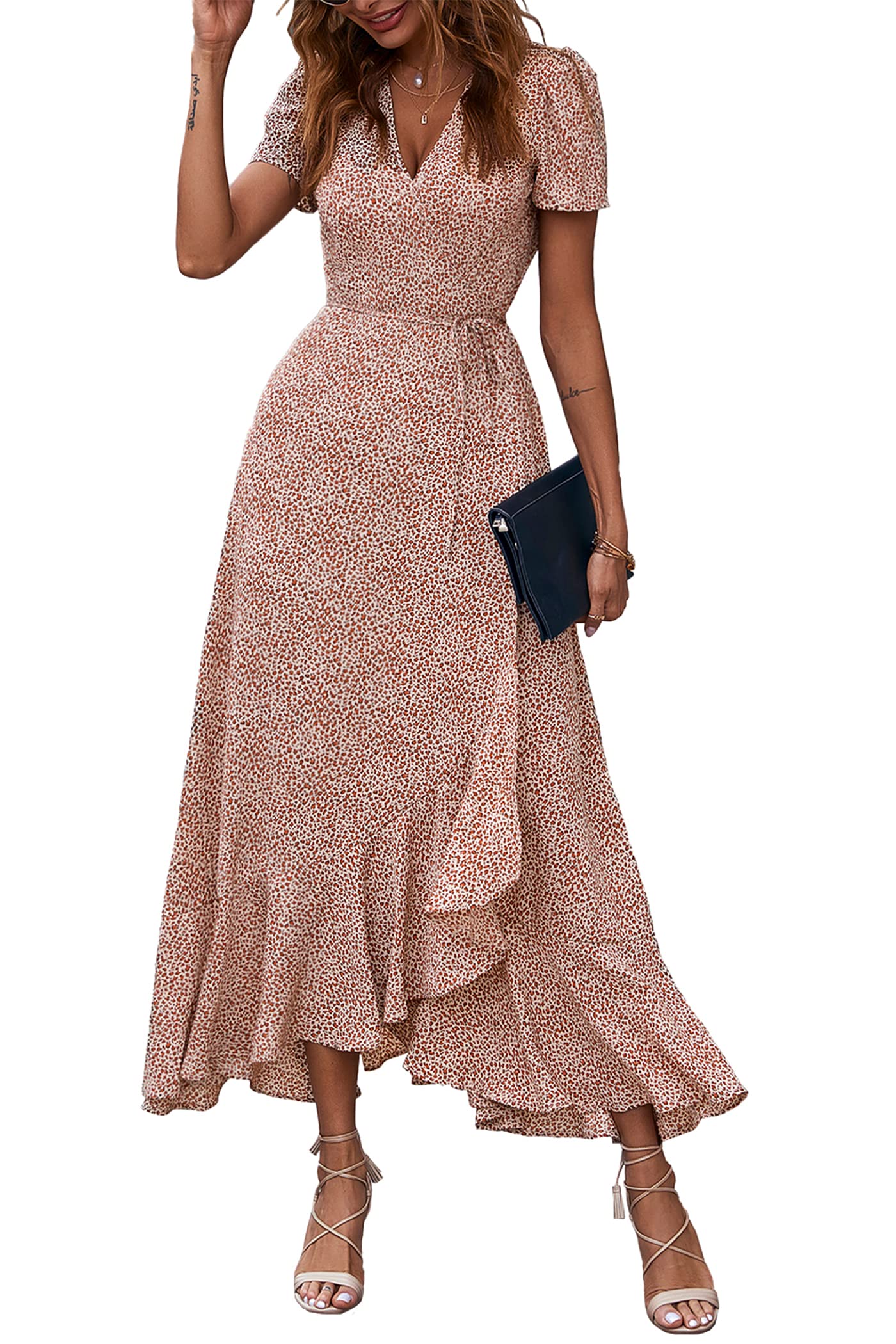 PRETTYGARDEN Women's Summer Maxi Dress Casual Wrap Floral Boho Short Sleeve V Neck Split Ruffle Beach Long Dresses