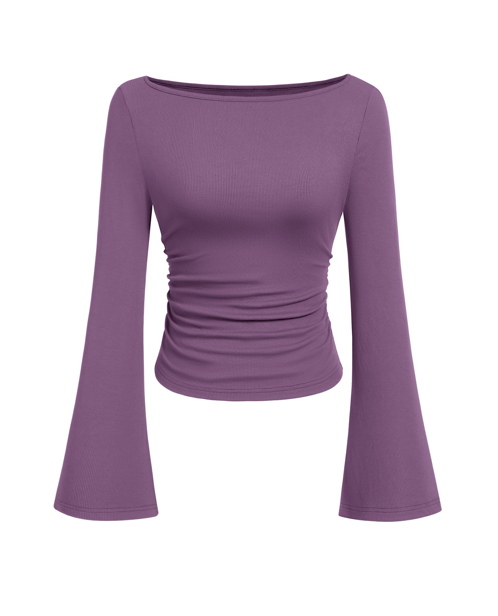 PRETTYGARDEN Women's Long Sleeve Shirts Fall Crop Going Out Tops Casual Boat Neck Bell Sleeve Ribbed Ruched Y2K Clothes