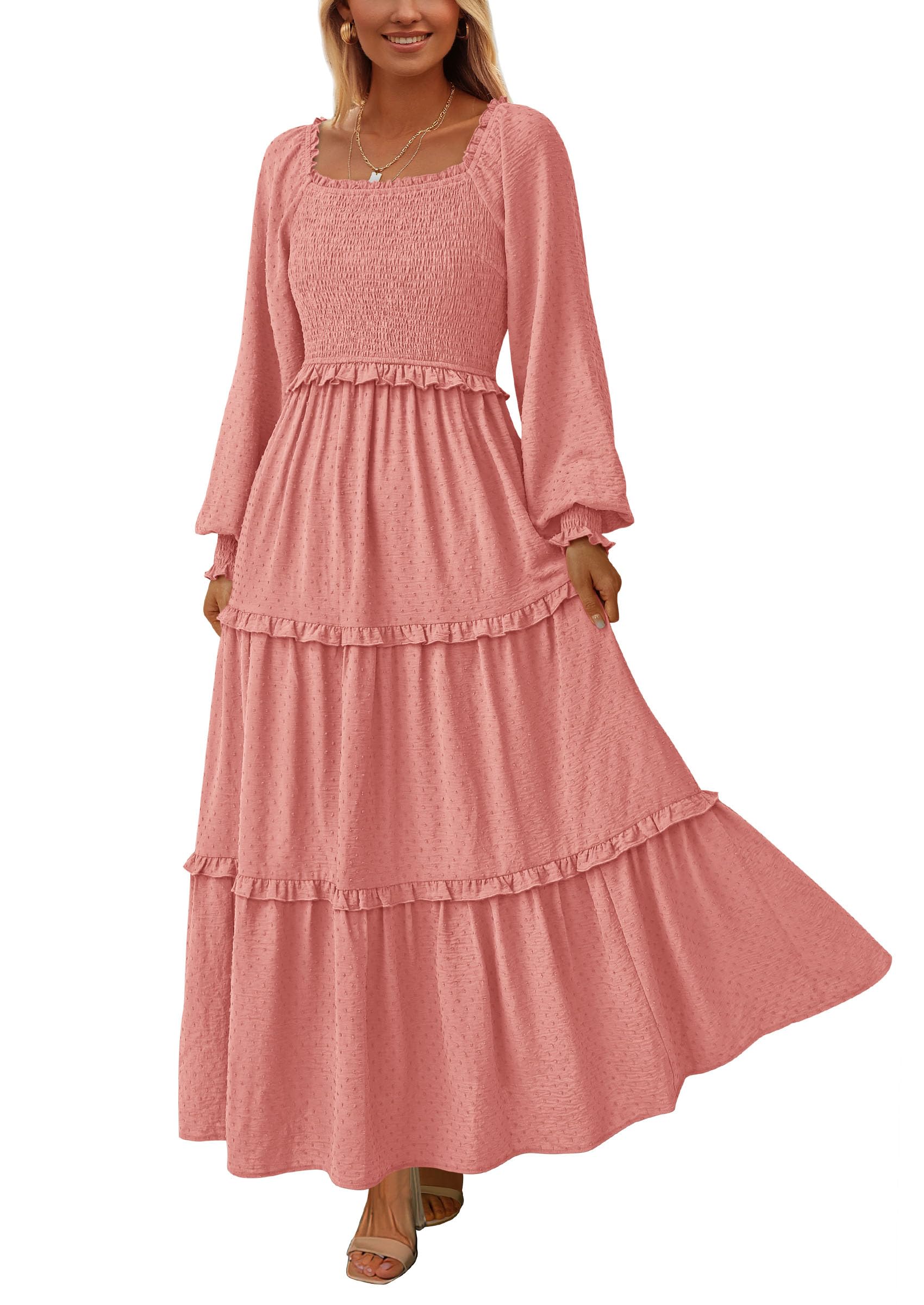 PRETTYGARDEN Fall Dresses for Women Long Sleeve Smocked Square Neck Swiss Dot Tiered Flowy Wedding Guest Maxi Dress