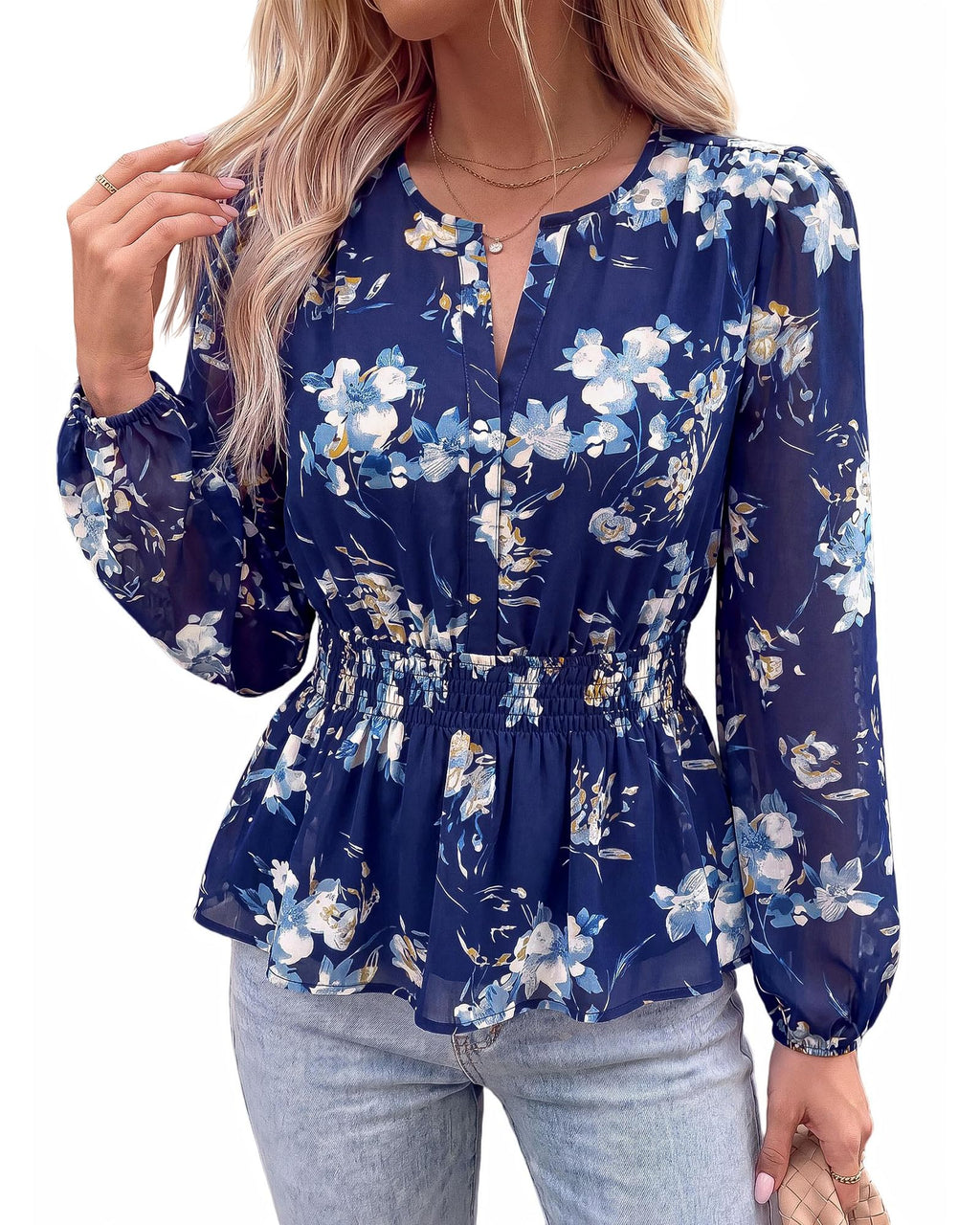 BTFBM Womens Tops Dressy Casual Floral V Neck Long Sleeve Chiffon Shirts | Chiffon Lantern Sleeve Flowy Peplum Sheer Top,Elastic Waist Babydoll Blouses,Boho Vacation Outfits,Fall Fashion Clothing