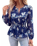 BTFBM Womens Tops Dressy Casual Floral V Neck Long Sleeve Chiffon Shirts | Chiffon Lantern Sleeve Flowy Peplum Sheer Top,Elastic Waist Babydoll Blouses,Boho Vacation Outfits,Fall Fashion Clothing