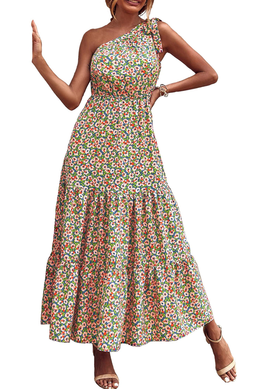 PRETTYGARDEN Women's Summer Floral One Shoulder Maxi Dress Knot Ruffle Boho Beach Vacation Wedding Guest Long Sun Dresses