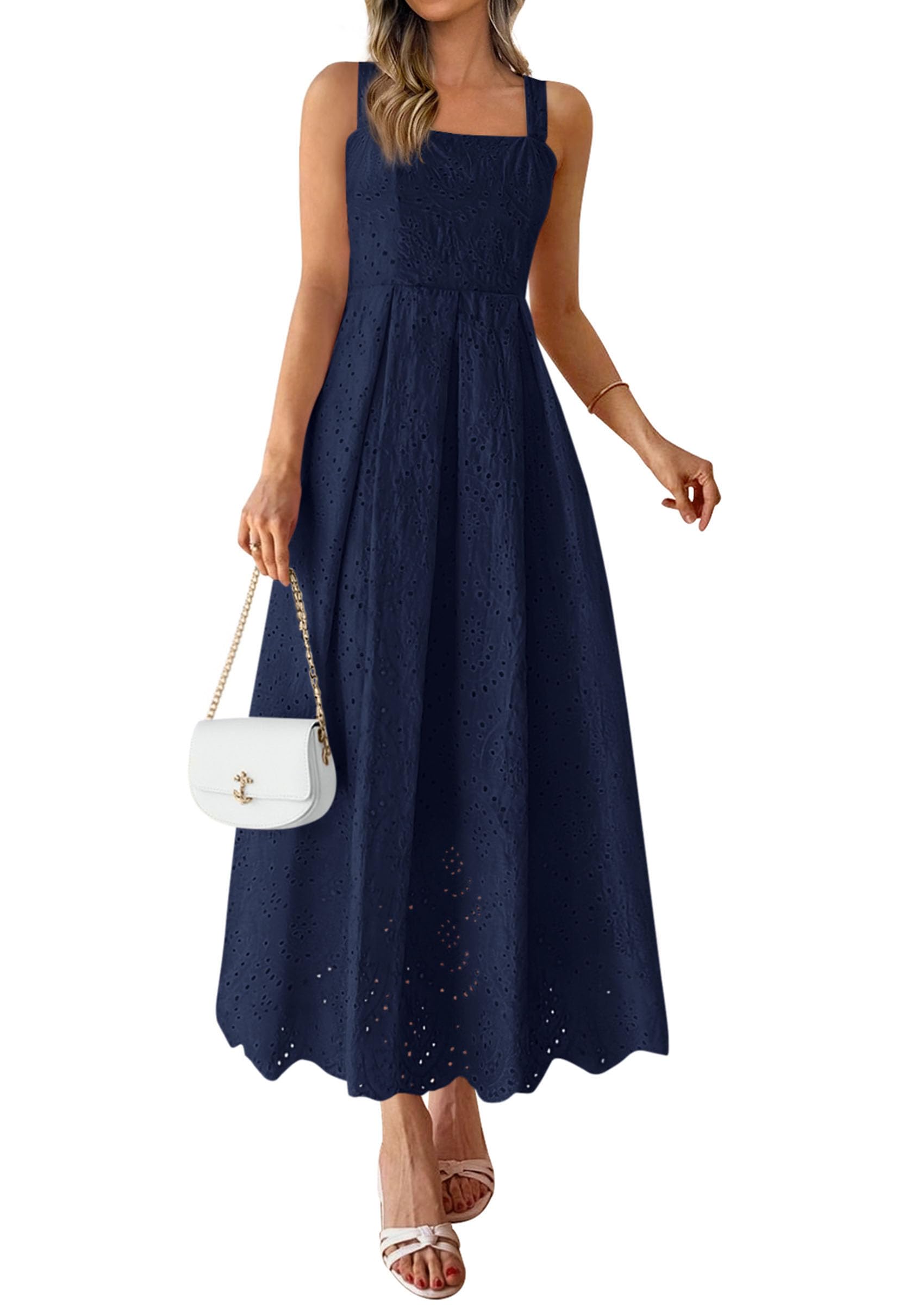 PRETTYGARDEN Womens Sleeveless Maxi Summer Dresses Hollow Out Eyelet Square Neck Ruffle Flowy Beach Vacation Sundress