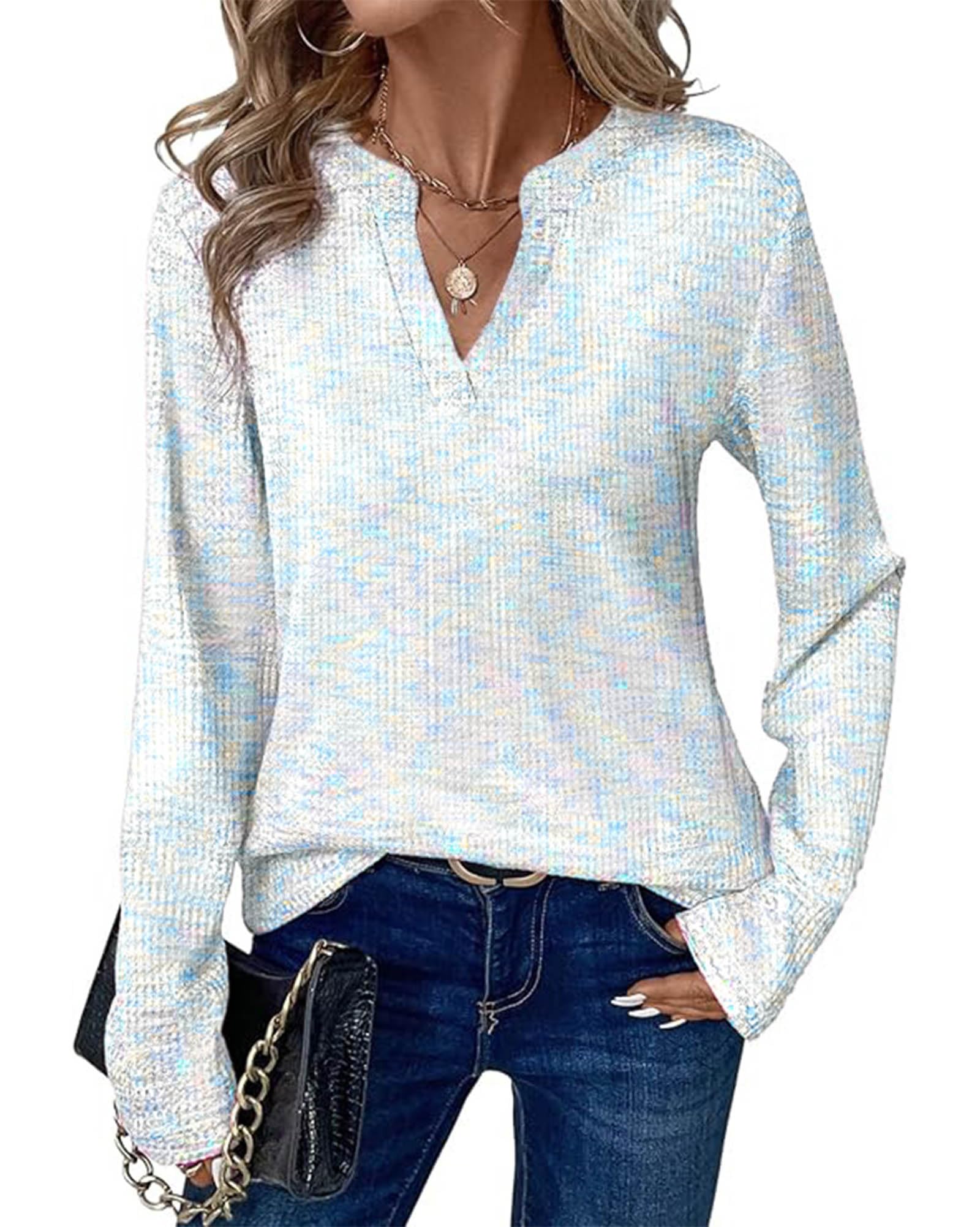 FreshPretty Waffle Knit Tops V Neck Long Sleeve Blouses for Women Dressy Casual Henley Work Shirts Spring Fall Clothes