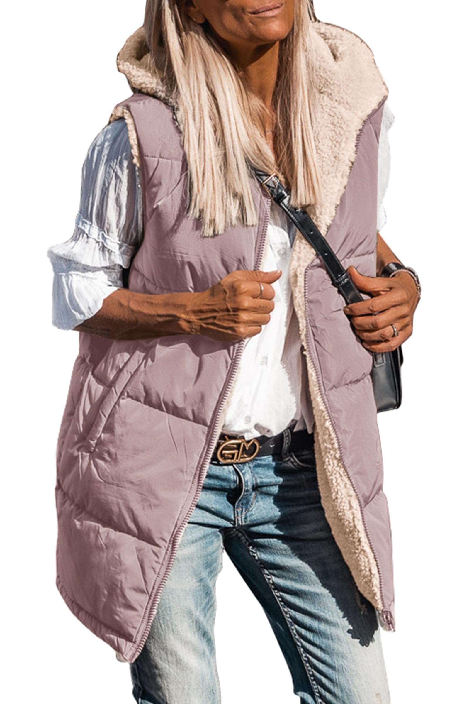 PRETTYGARDEN Womens Fall Reversible Long Vests Sleeveless Fleece Jacket Zip Up Hoodie Pockets Warm Coat Winter Clothing