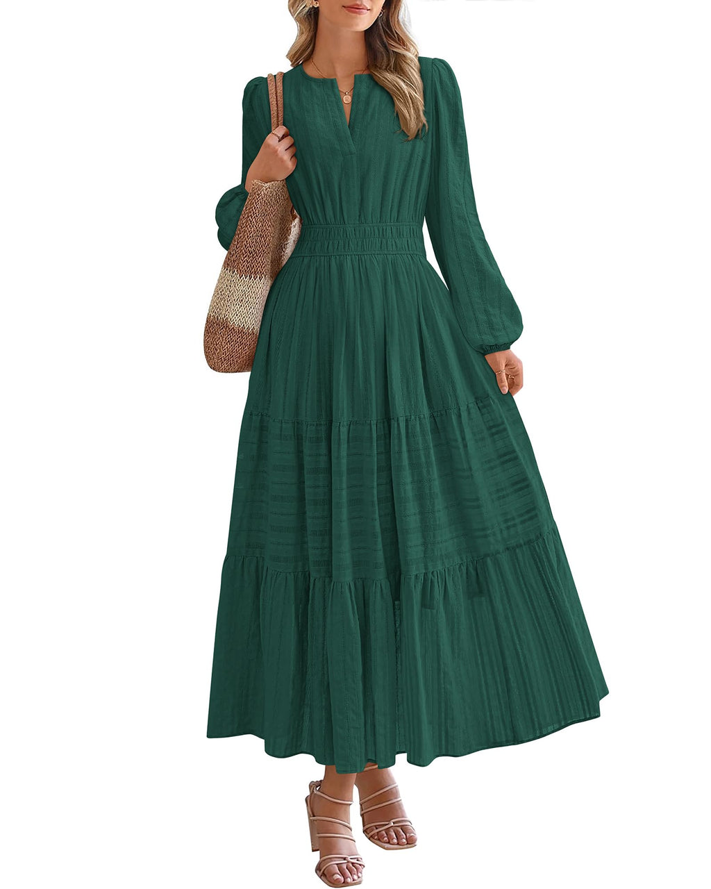 BTFBM Spring Dresses for Women 2026 Casual Long Sleeve V Neck Elastic Waist Lightweight Maxi Wedding Guest Dress Pockets