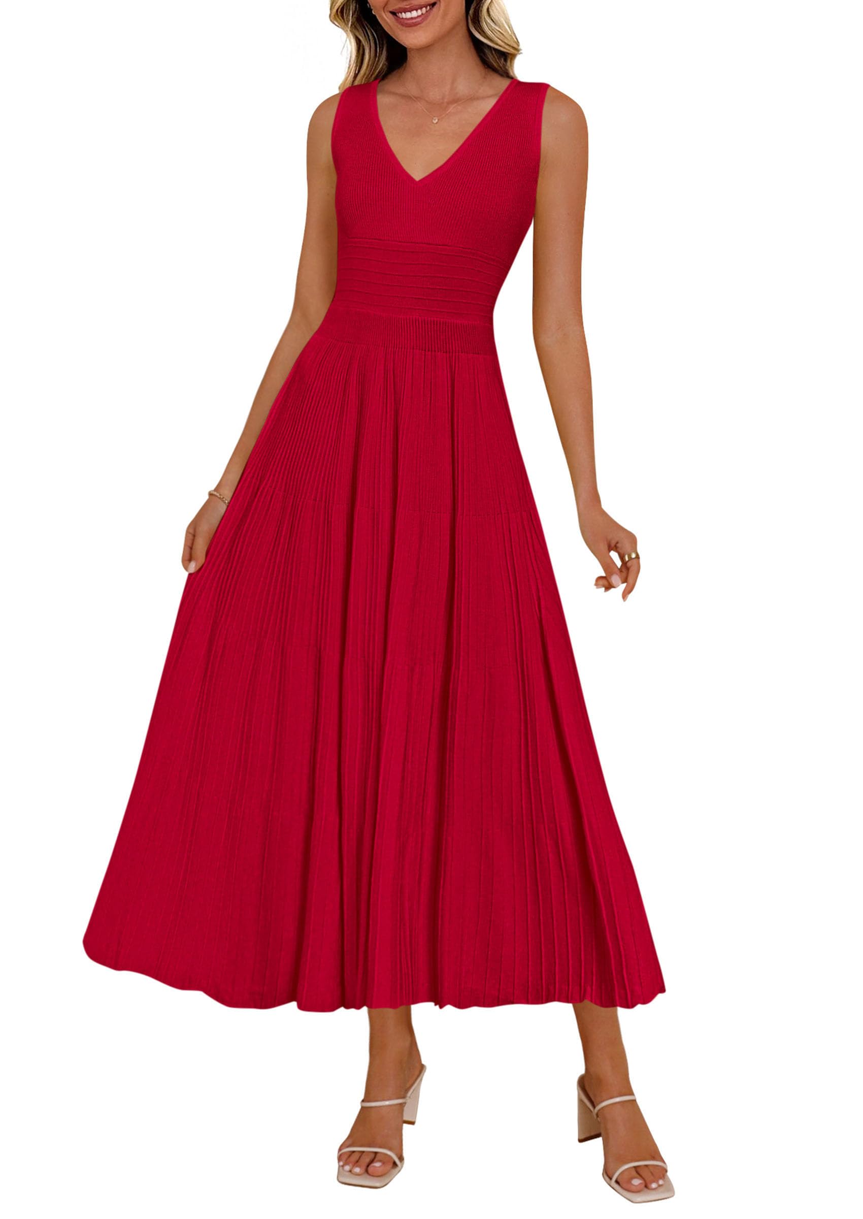 PRETTYGARDEN Women's Summer Casual Dresses Spring Sleeveless V Neck Knit Midi Business Work A Line Cocktail Dress