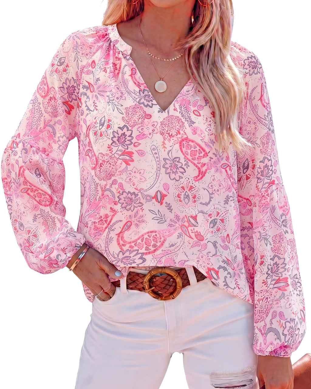 BTFBM Blouses for Women Dressy Casual Floral Summer Boho Tops V Neck Lightweight Long Sleeve Shirts Spring Clothes