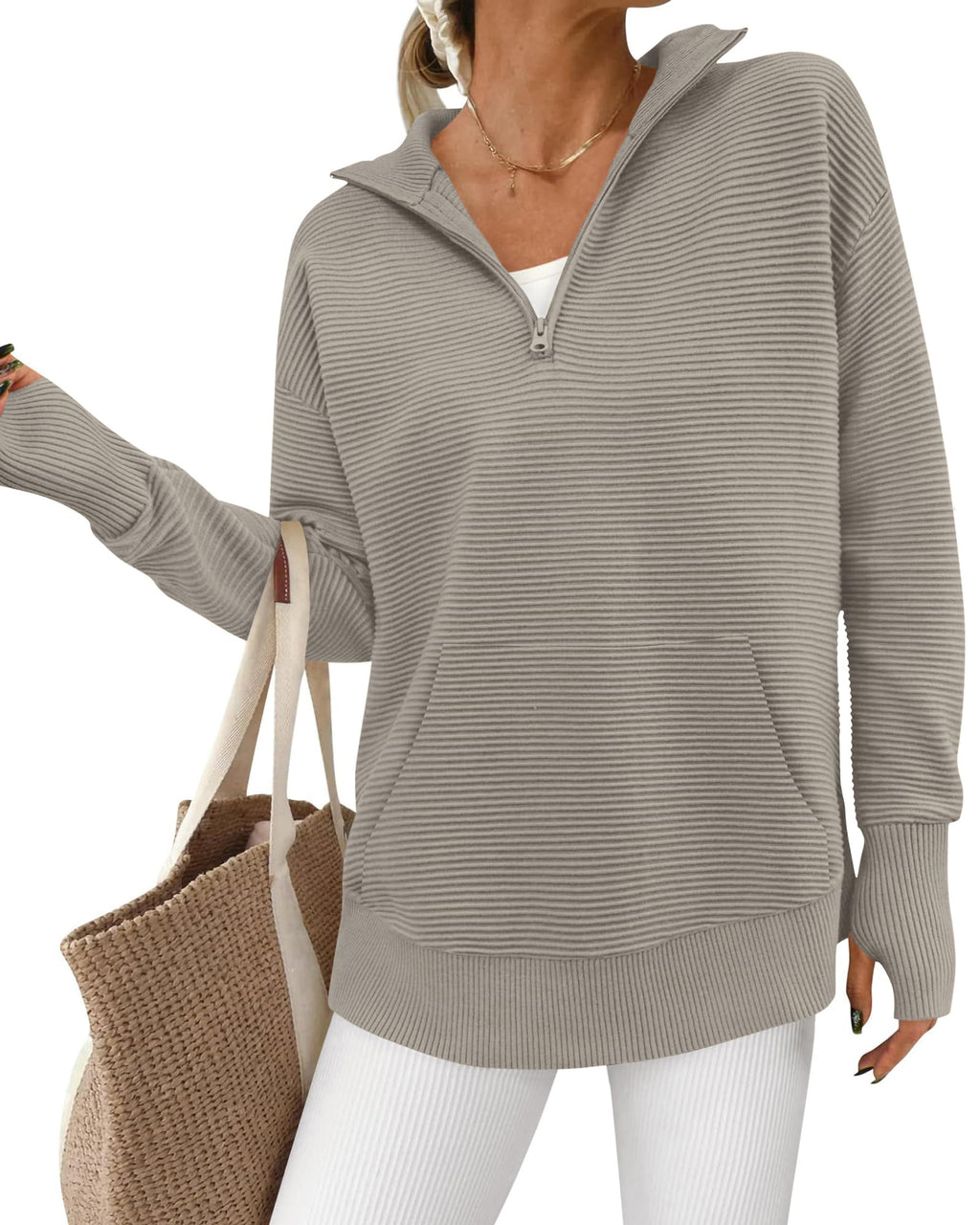 BTFBM Sweaters for Women Fall Clothes Pocket Quarter Zip Pullover V Neck Long Sleeve Knit Trendy Winter Sweater