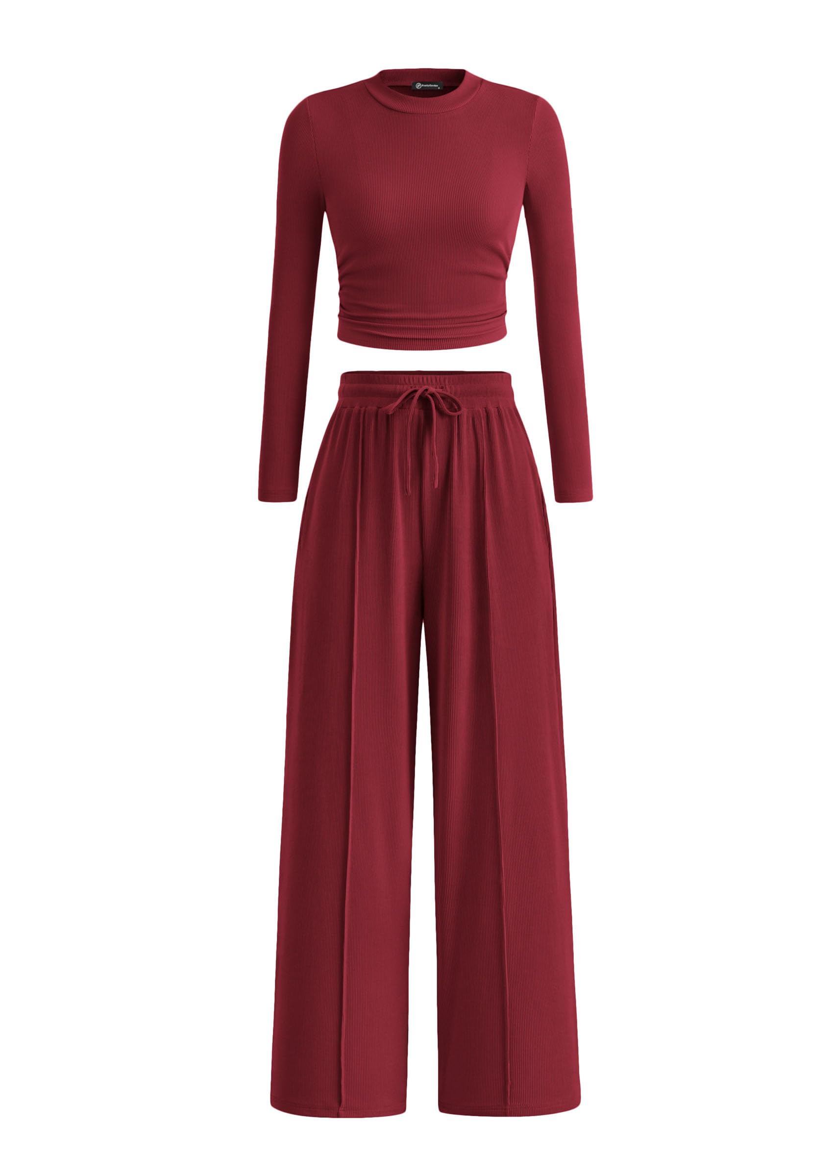 PRETTYGARDEN Women's 2 Piece Loungewear Long Sleeve Crop Top Wide Leg Palazzo Pants Set Tracksuits Casual Outfit