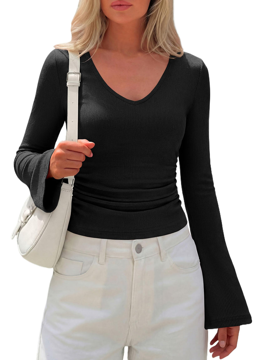 PRETTYGARDEN Women's Fall Trendy Bell Long Sleeve Tops | Soft Stretchy,Ribbed Textured,V Neck,Slim Fitted Shirts,Ruched Basic Tees,Y2K Going Out,Casual Outfits,Fashion Clothing