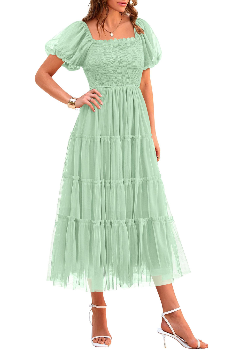 PRETTYGARDEN Women's Smocked Midi Tulle Dress  Summer Puffy Short Sleeve Square Neck Ruffle Wedding Guest Party Dresses