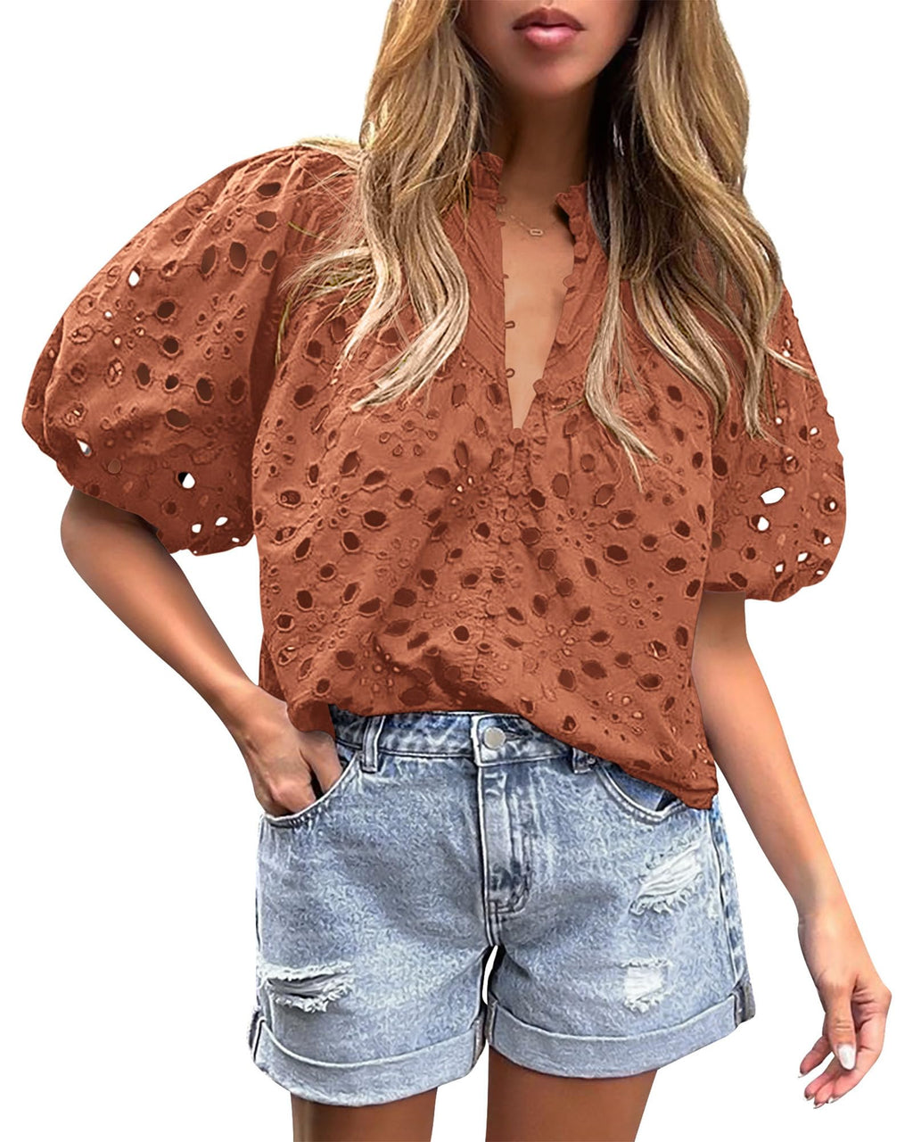 PRETTYGARDEN Women's Summer Tops Dressy Casual Short Sleeve V Neck Buttons Hollow Out Lace Embroidered Blouses Shirts