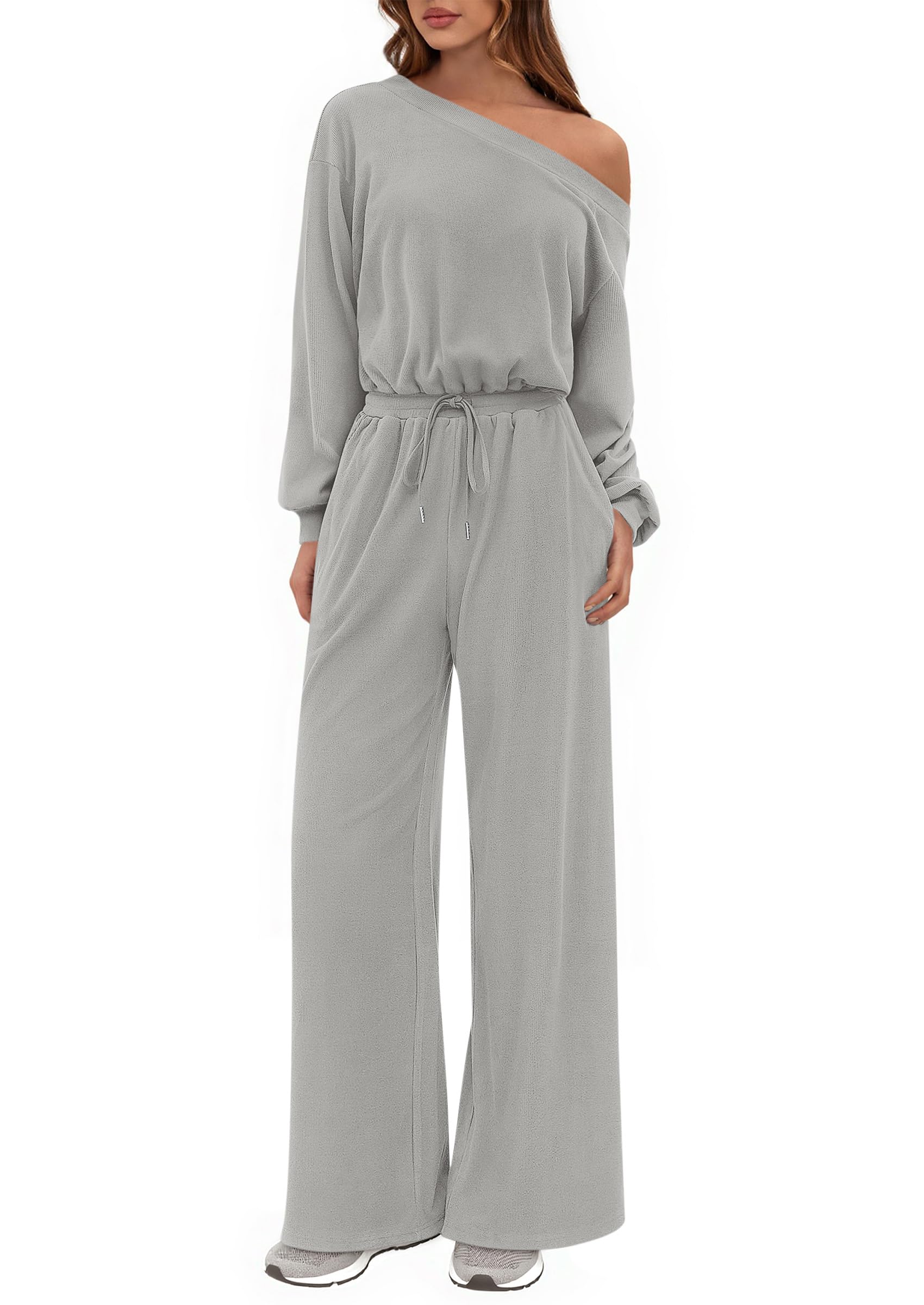 PRETTYGARDEN Long Sleeve Jumpsuit For Women Dressy Off Shoulder One Piece Loose Wide Leg Jumpsuits Casual Flowy Romper