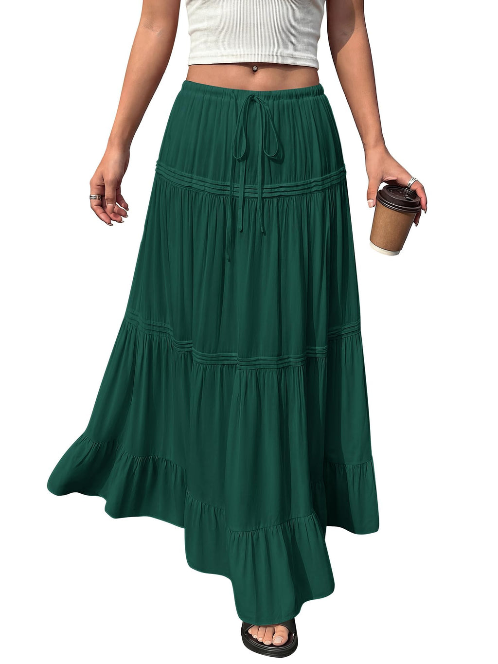 BTFBM Spring Skirts for Women Summer Boho Beach Vacation Clothes Casual Pleated High Waisted Flowy Maxi Skirt