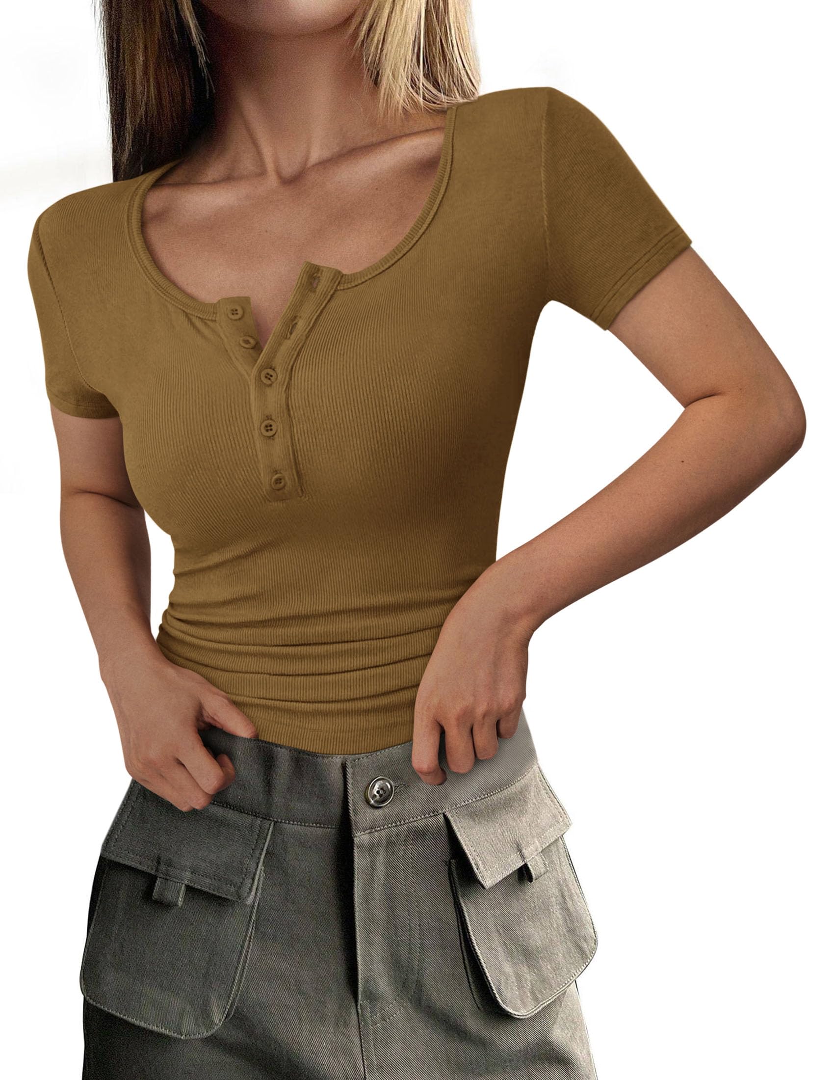 PRETTYGARDEN Women's  Fall Summer Short Sleeve Tops Ribbed Henley Button Slim Fit Basic Casual T Shirts Blouse Clothing