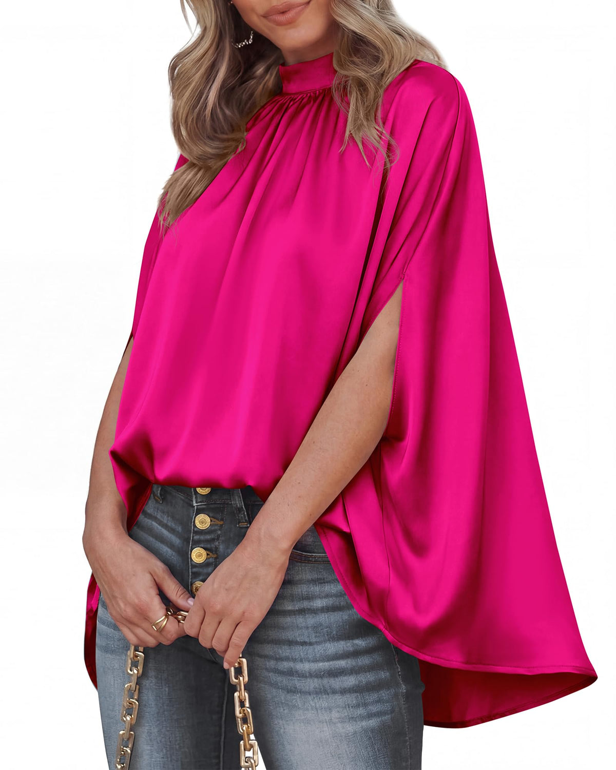 BTFBM Womens Summer Tops Mock Neck Batwing Sleeve Silk Satin Shirts Loose Oversized Dressy Casual Spring Blouses