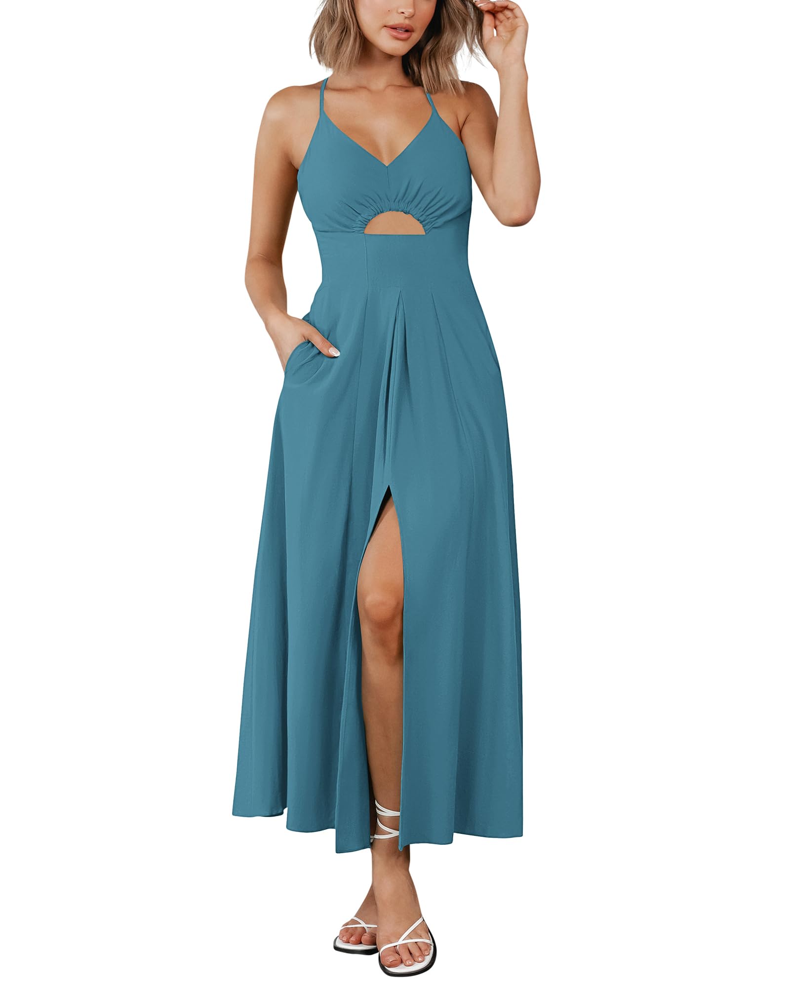 BTFBM Women Spaghetti Strap Midi Summer Dresses Sleeveless V Neck Cutout Slit Casual Beach Party Maxi Dress Pockets