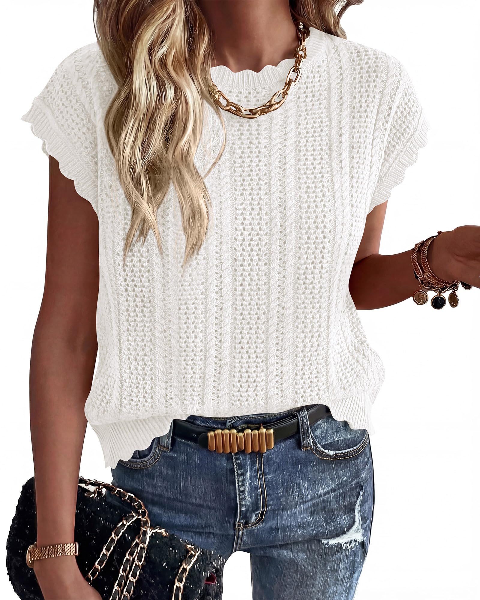 FreshPretty Sweater Vest Women Crochet Top Cap Short Sleeve Sweater Spring Summer Cable Knit Pullover Beach Vacation Outfits