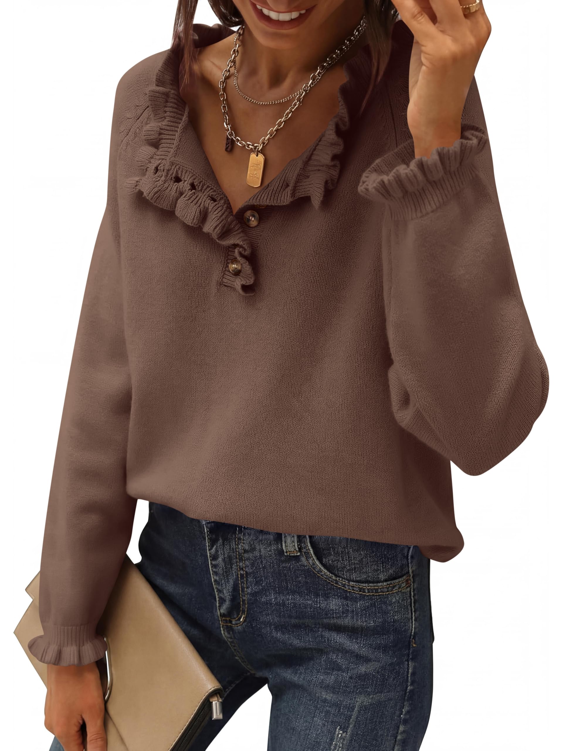 BTFBM Womens Sweaters Fall Winter Clothes Long Sleeve Button Down Ruffle Crew Neck Casual Knitted Pullover Tops