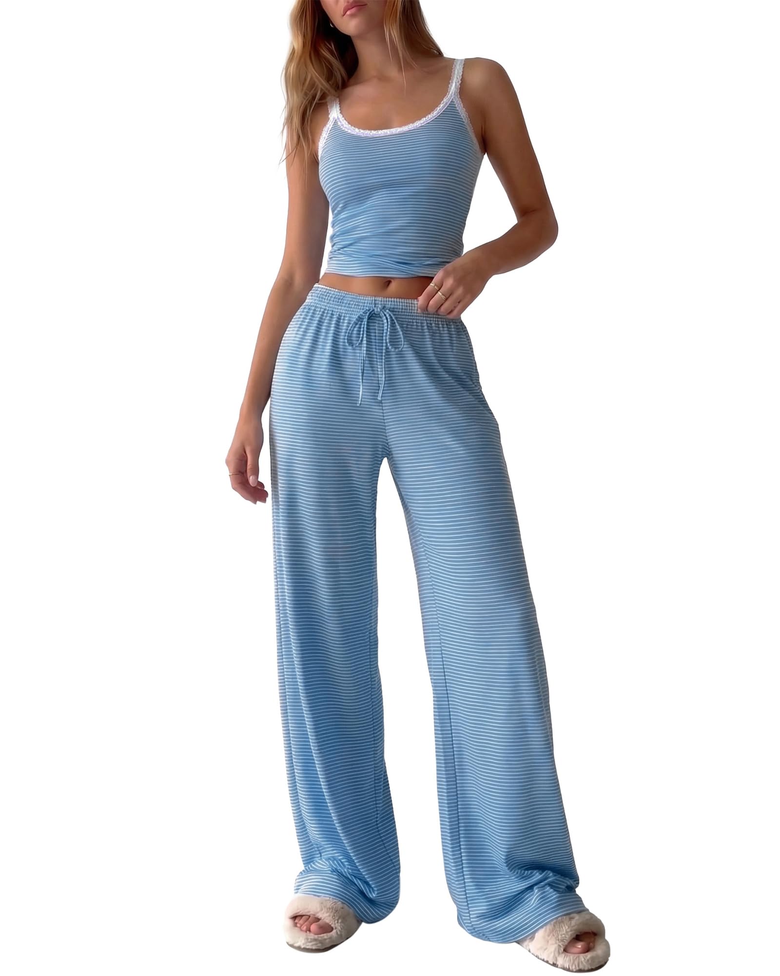 BTFBM Lounge Sets For Women Striped 2 Piece Pajama Sets Spaghetti Strap Tops Wide Leg Pants Beach Vacation Outfits