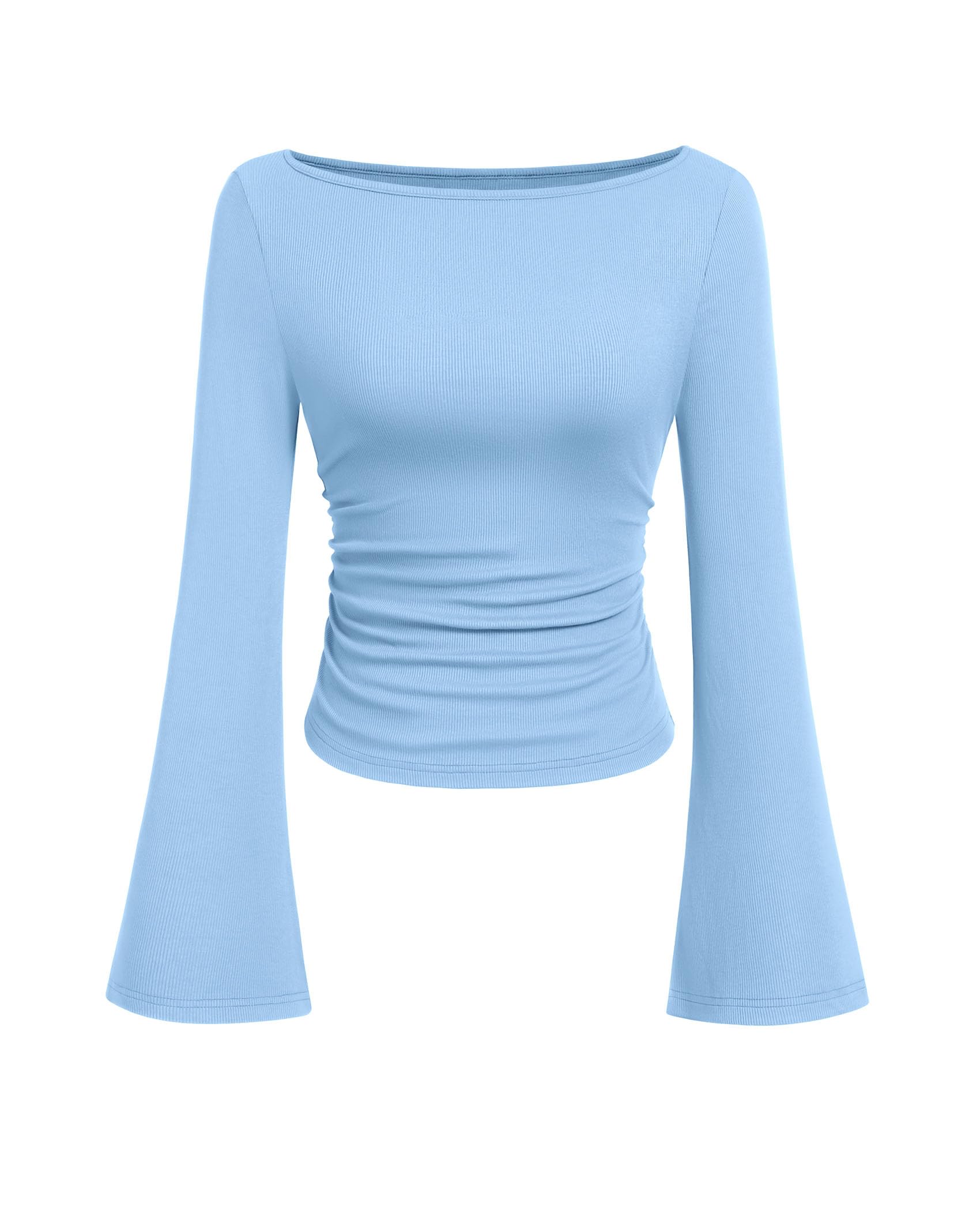 PRETTYGARDEN Women's Long Sleeve Shirts Fall Crop Going Out Tops Casual Boat Neck Bell Sleeve Ribbed Ruched Y2K Clothes