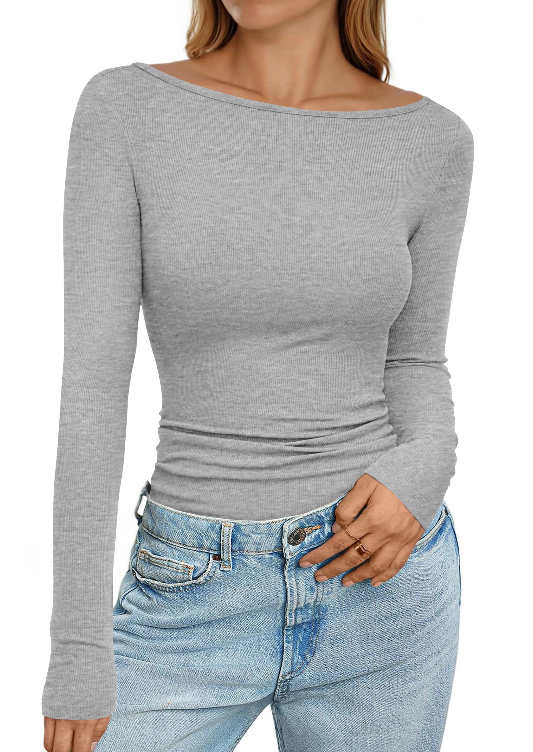 PRETTYGARDEN Long Sleeve Shirts for Women Fall Boat Neck Ribbed Knit Ruched Fitted Going Out Tops Casual Basic Tees
