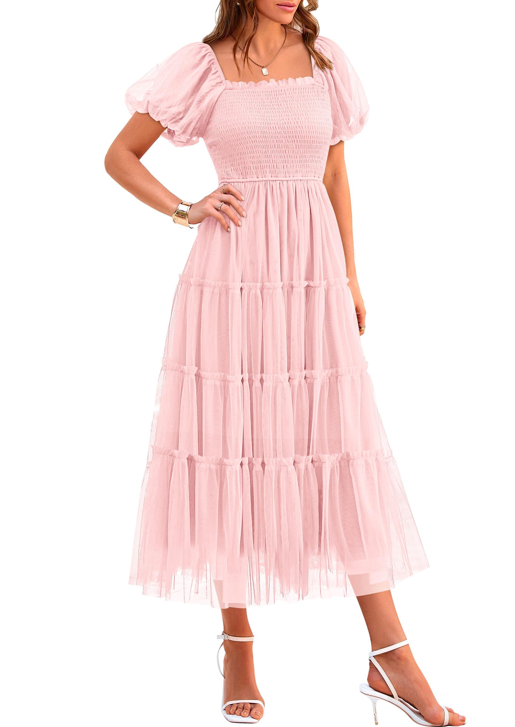 PRETTYGARDEN Women's Smocked Midi Tulle Dress  Summer Puffy Short Sleeve Square Neck Ruffle Wedding Guest Party Dresses