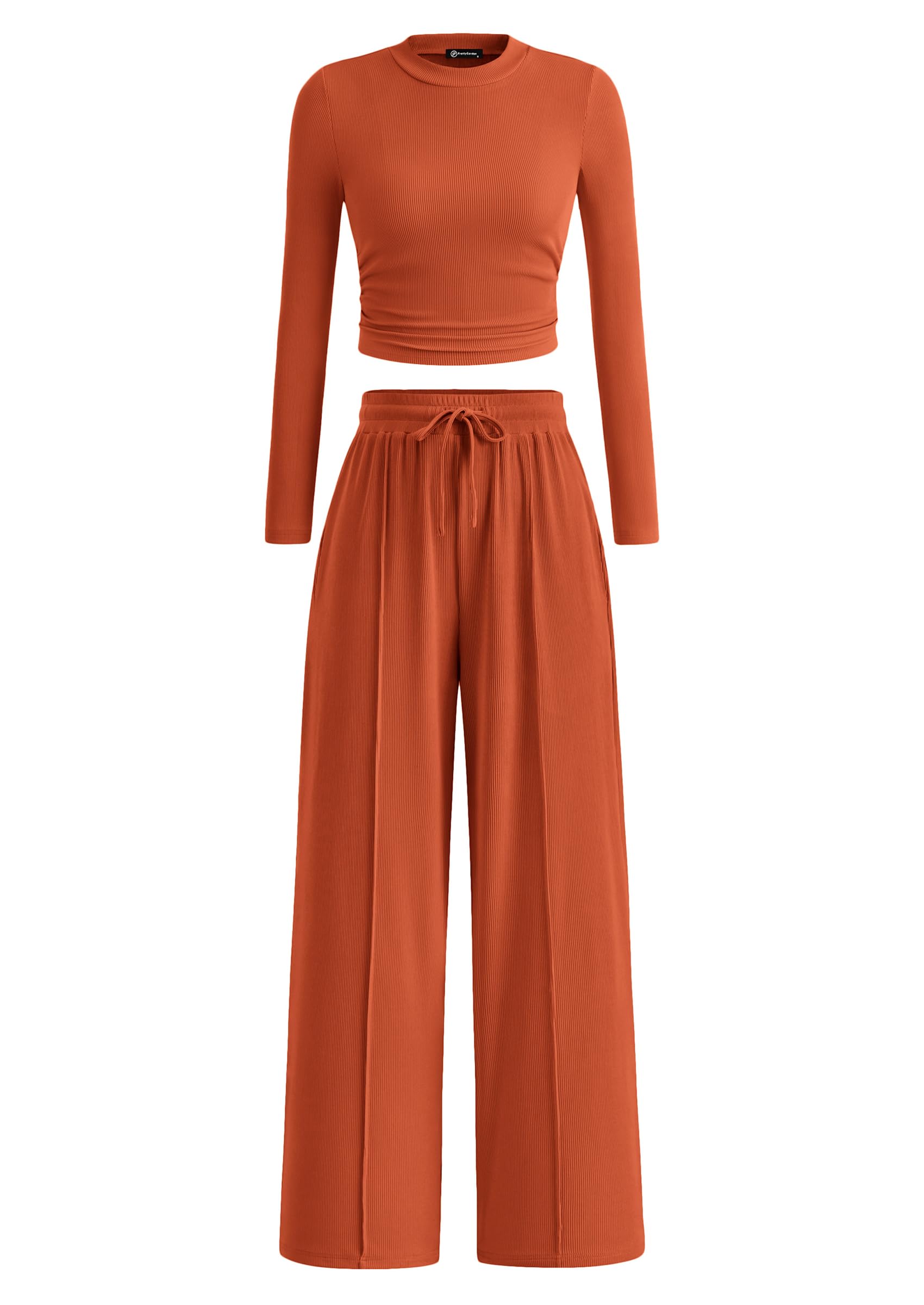 PRETTYGARDEN Women's 2 Piece Loungewear Long Sleeve Crop Top Wide Leg Palazzo Pants Set Tracksuits Casual Outfit