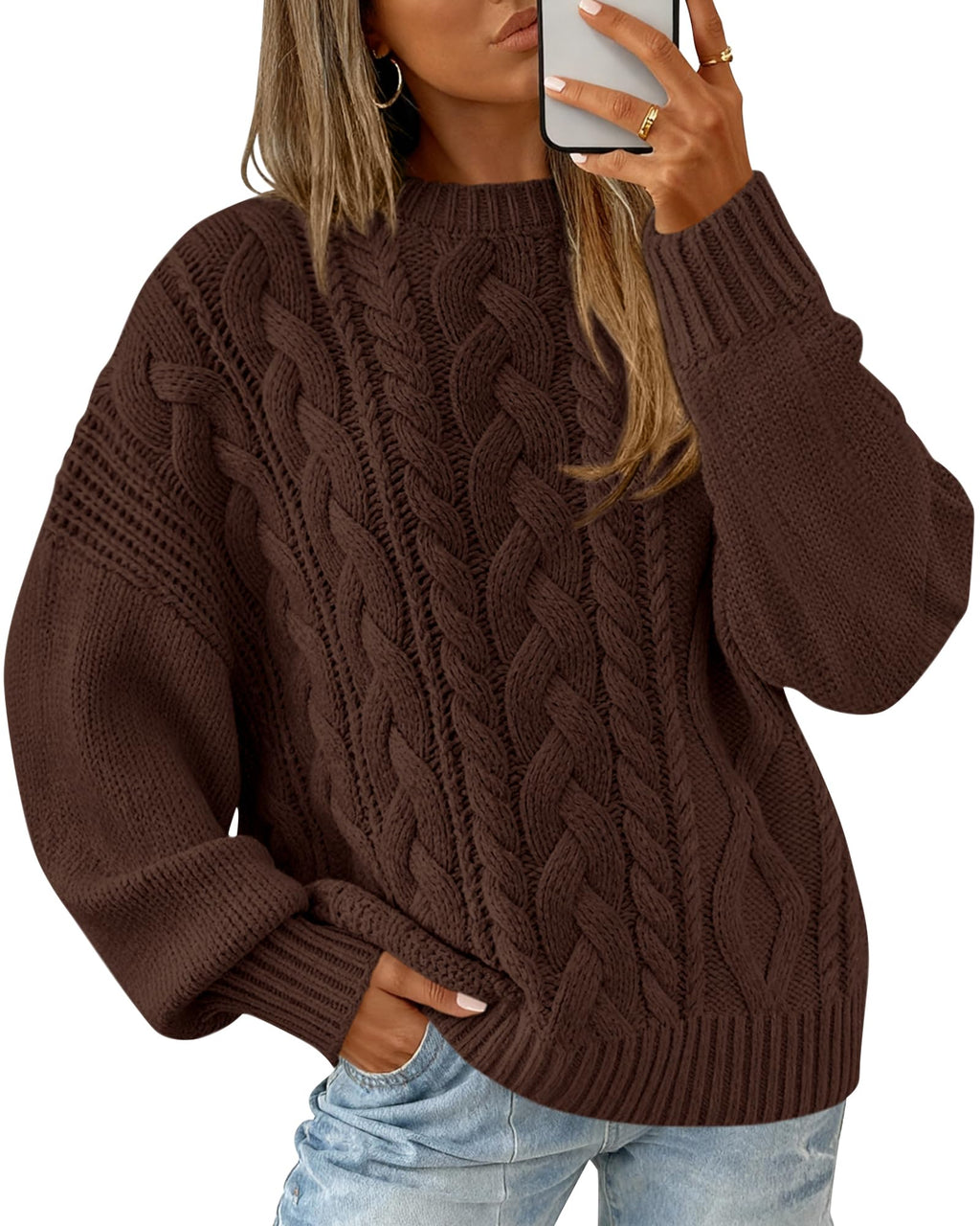 BTFBM Women's Oversized Sweaters Batwing Long Sleeve Cable Knit Crewneck Pullover Tops Fall Outfits Winter Clothing