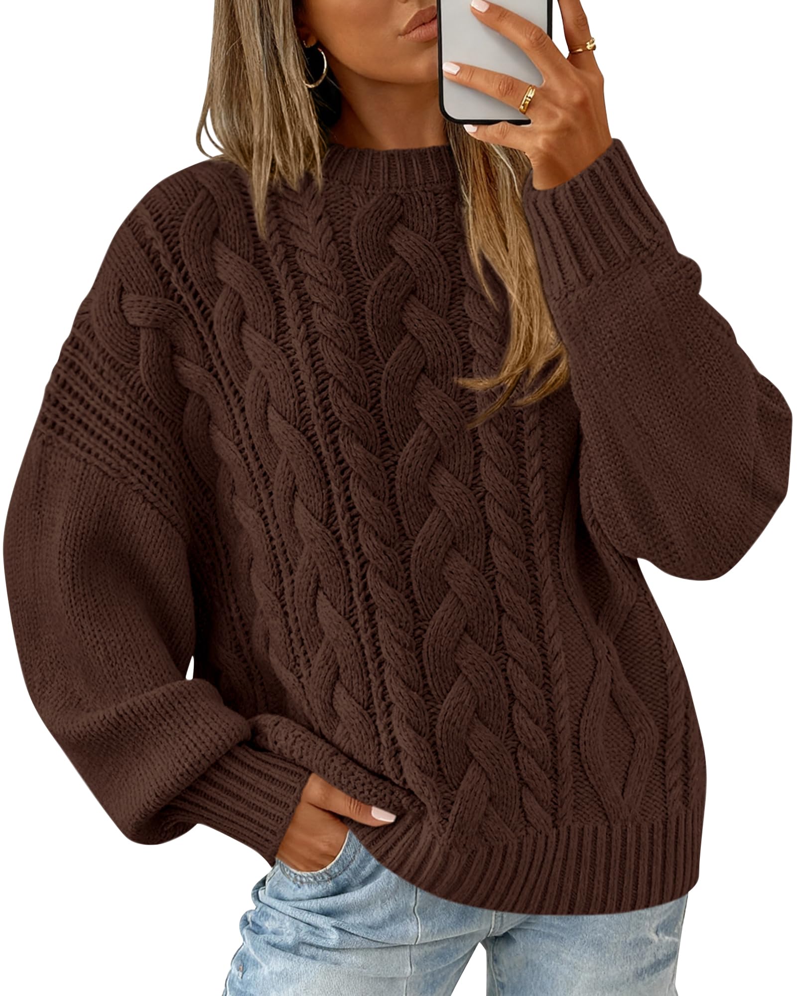 BTFBM Women's Oversized Sweaters Batwing Long Sleeve Cable Knit Crewneck Pullover Tops Fall Outfits Winter Clothing