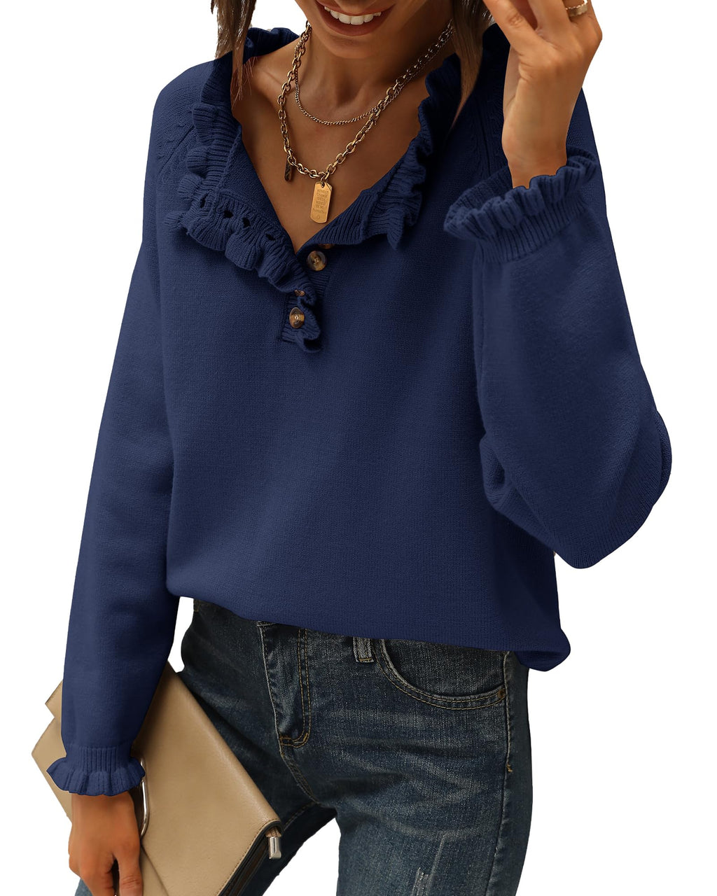 FreshPretty Womens Sweaters Fall Winter Clothes Long Sleeve Button Down Ruffle Crew Neck Casual Knitted Pullover Tops