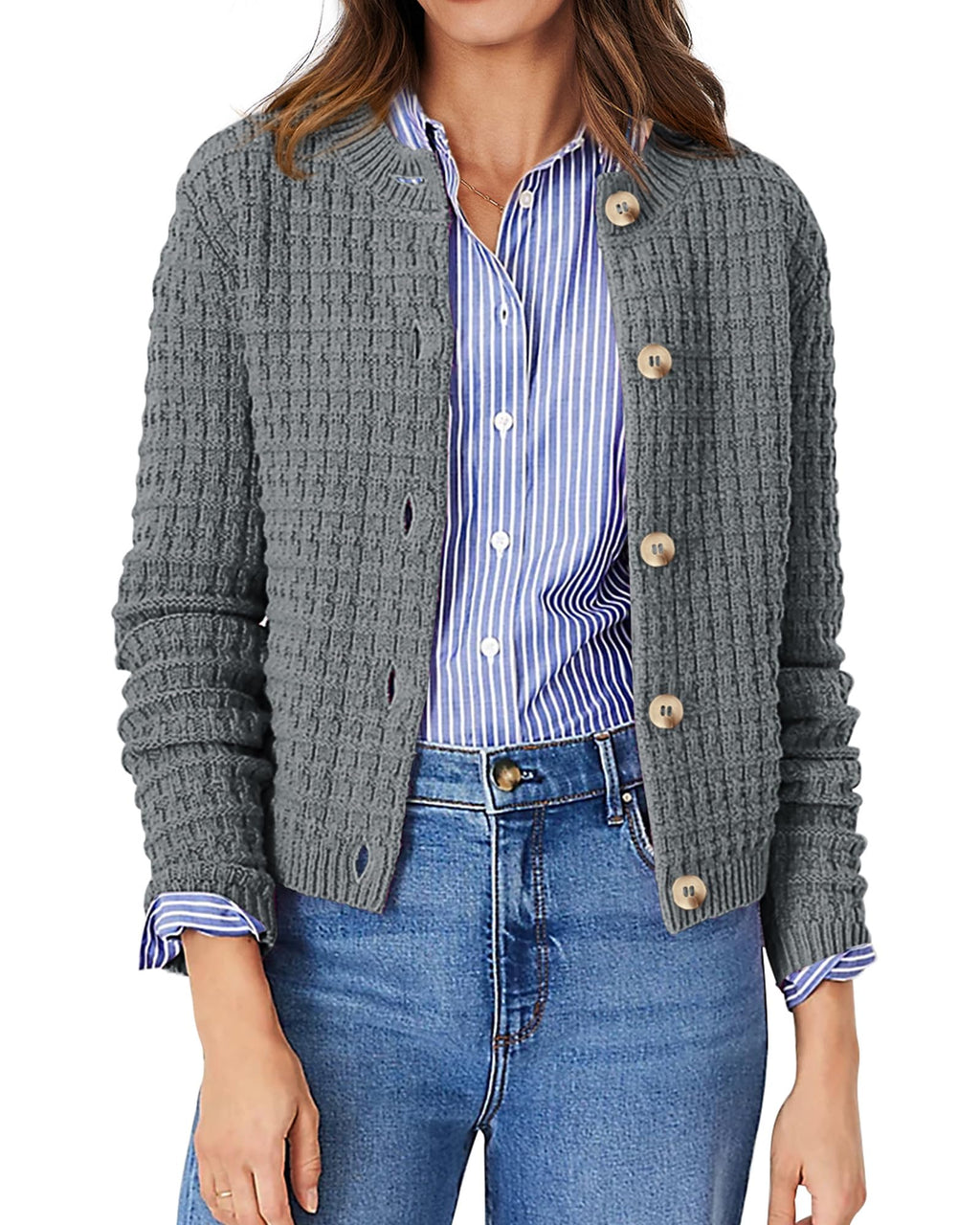 PRETTYGARDEN Women's Knit Cardigan Sweaters Casual Long Sleeve Open Front Button Down Trendy Jackets Outerwear